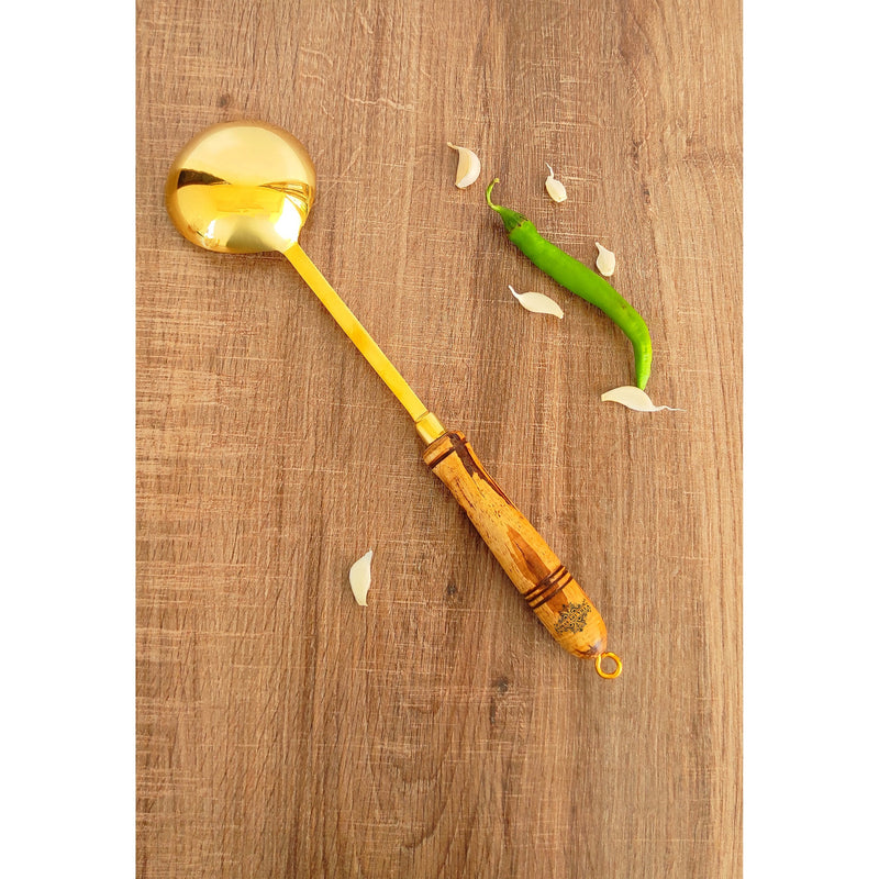 Pure Brass Gold Ladle With Wooden Handle - Length - 35.05 cm