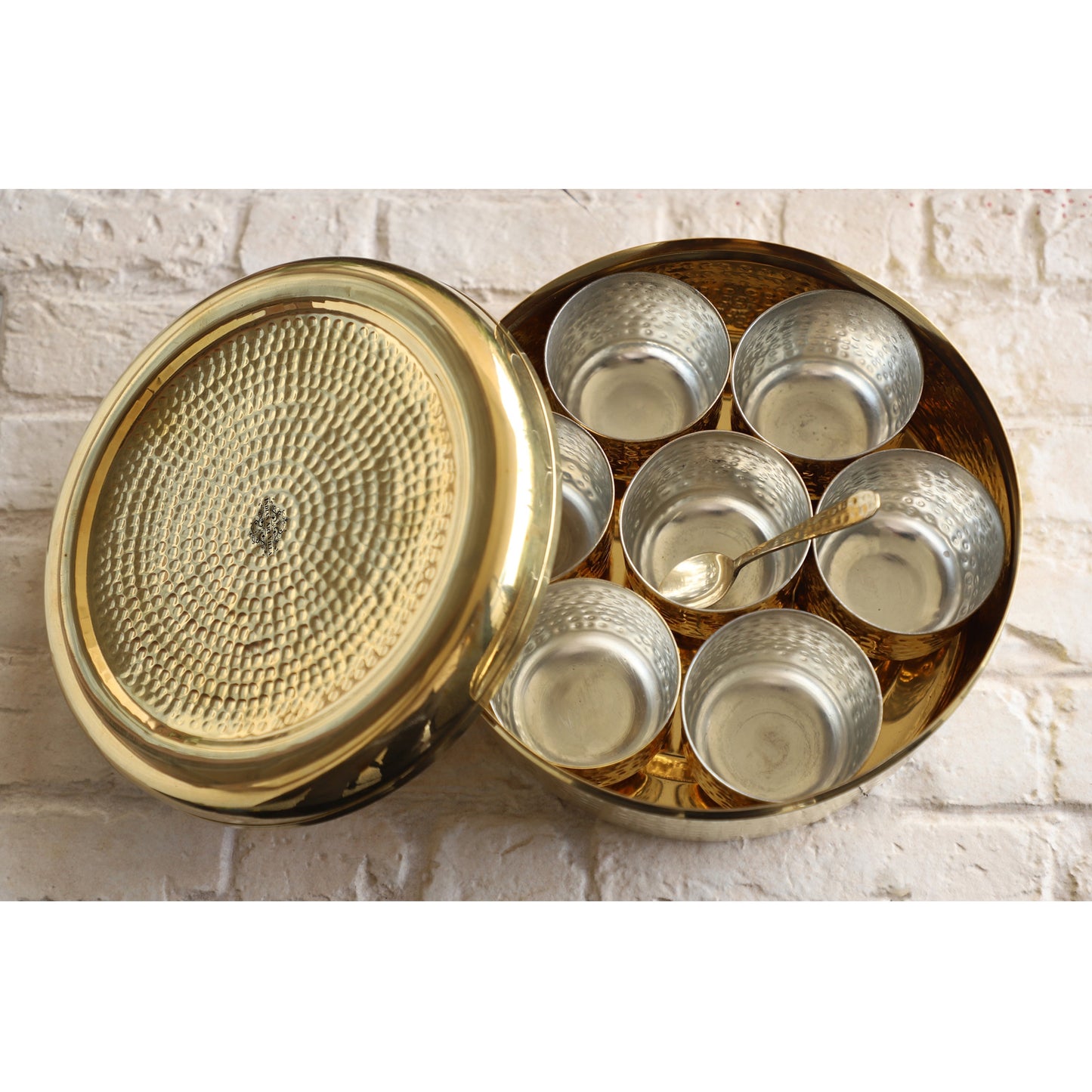 Brass Hammered Masala Box Dabba Spice Container With 7 Compartments, Diameter 20.83 cm, Gold