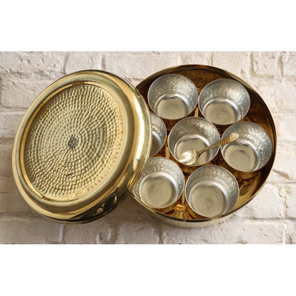 Brass Hammered Masala Box Dabba Spice Container With 7 Compartments, Diameter 20.83 cm, Gold