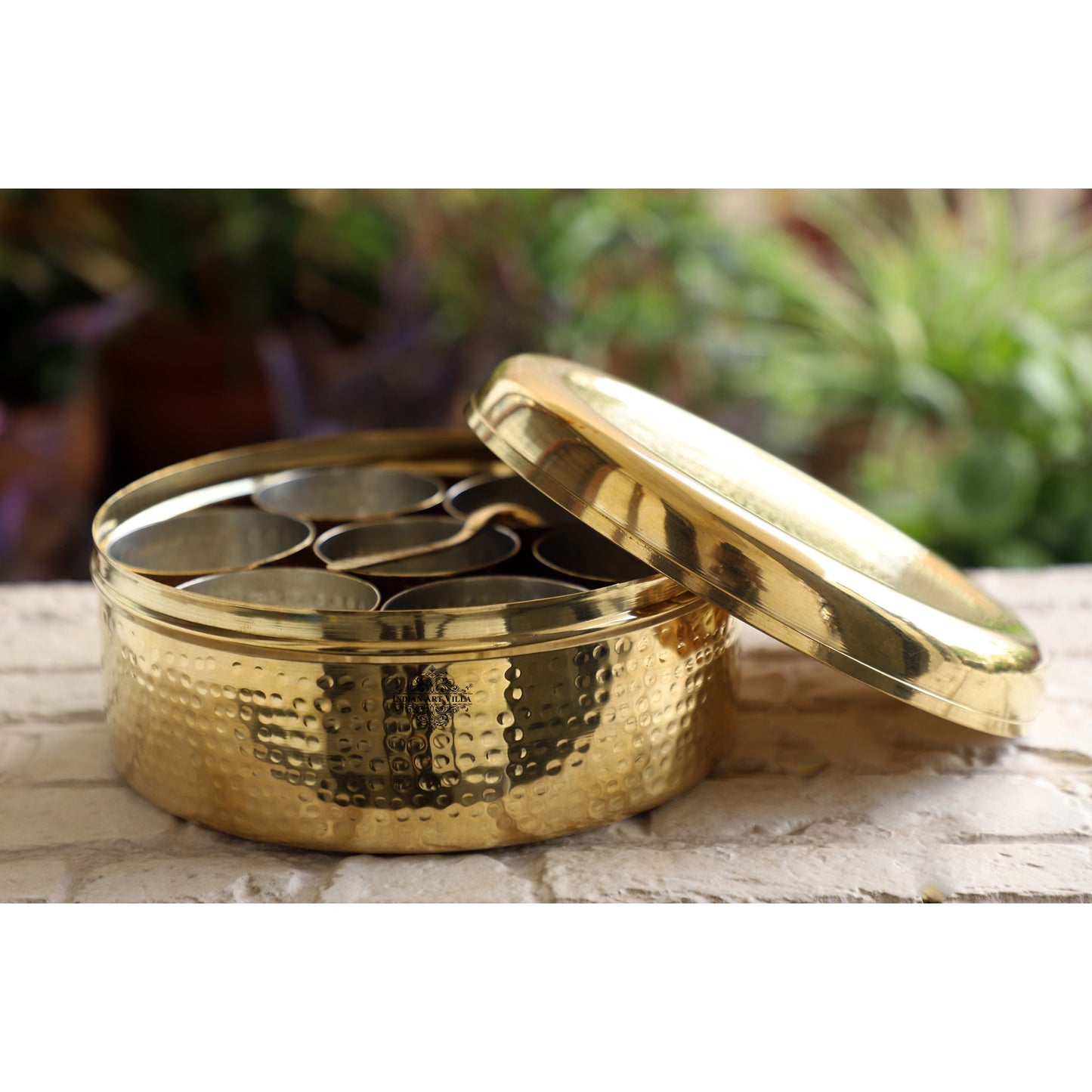 Brass Hammered Masala Box Dabba Spice Container With 7 Compartments, Diameter 20.83 cm, Gold