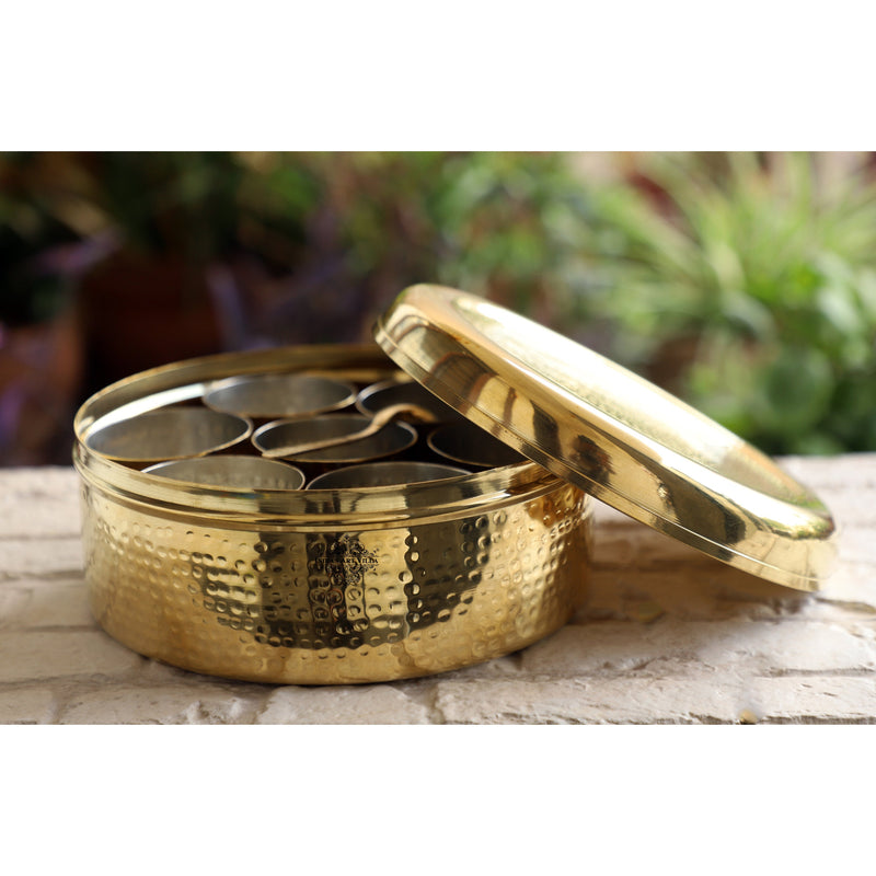 Brass Hammered Masala Box Dabba Spice Container With 7 Compartments, Diameter 20.83 cm, Gold