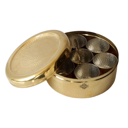 Brass Hammered Masala Box Dabba Spice Container With 7 Compartments, Diameter 20.83 cm, Gold