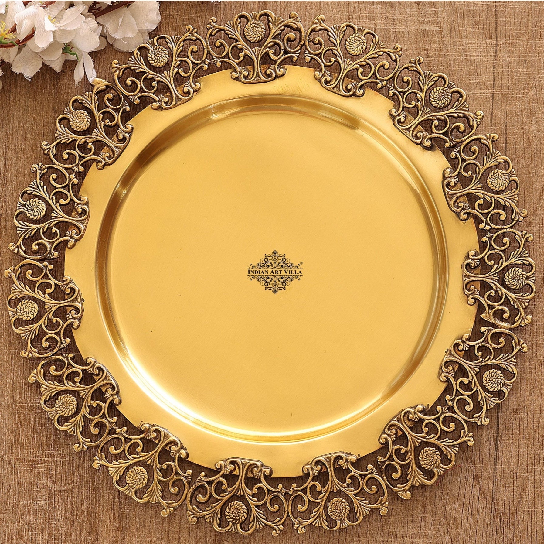 Brass Matt Finished Decorative Round Shape Designer Tray 37.34 cm