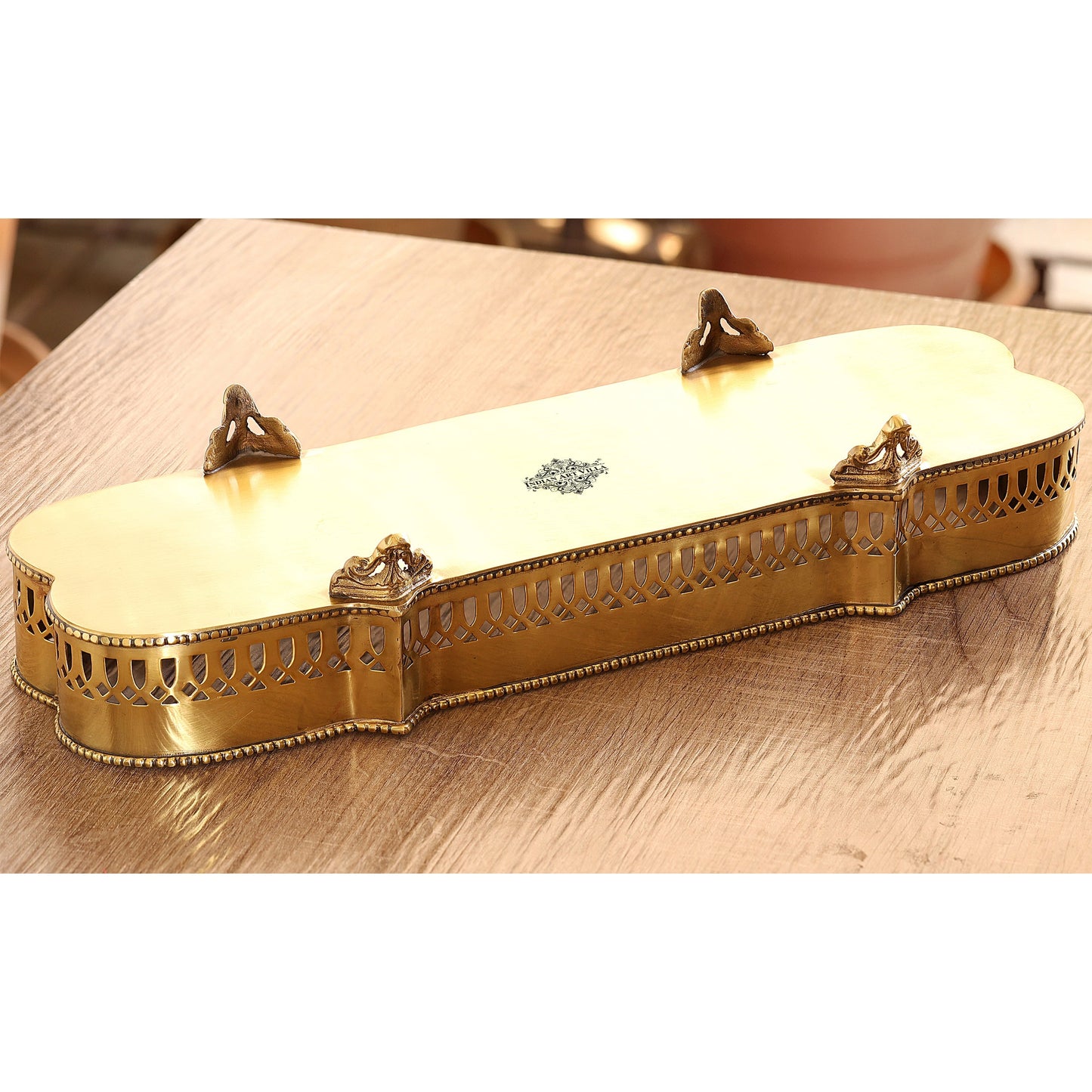 Brass Matt Finished Decorative Rectangular Shape Designer Tray 46.23 cmx16.26 cm With 4 Designer Standing Legs