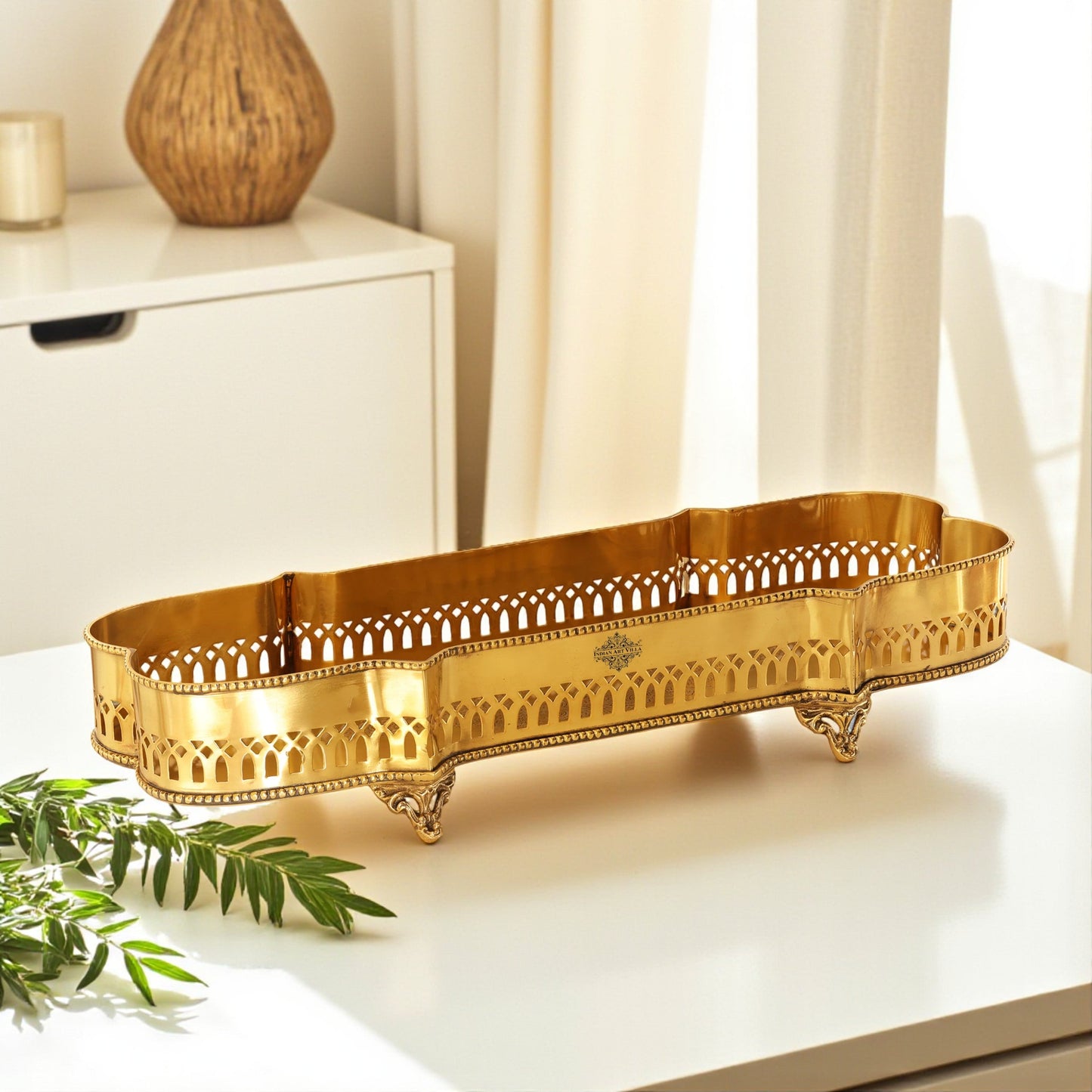 Brass Matt Finished Decorative Rectangular Shape Designer Tray 46.23 cmx16.26 cm With 4 Designer Standing Legs