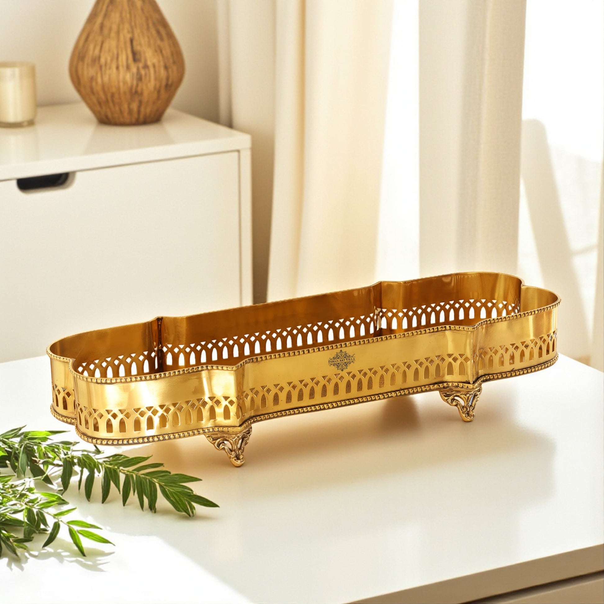 Brass Matt Finished Decorative Rectangular Shape Designer Tray 46.23 cmx16.26 cm With 4 Designer Standing Legs
