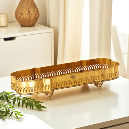 Brass Matt Finished Decorative Rectangular Shape Designer Tray 46.23 cmx16.26 cm With 4 Designer Standing Legs