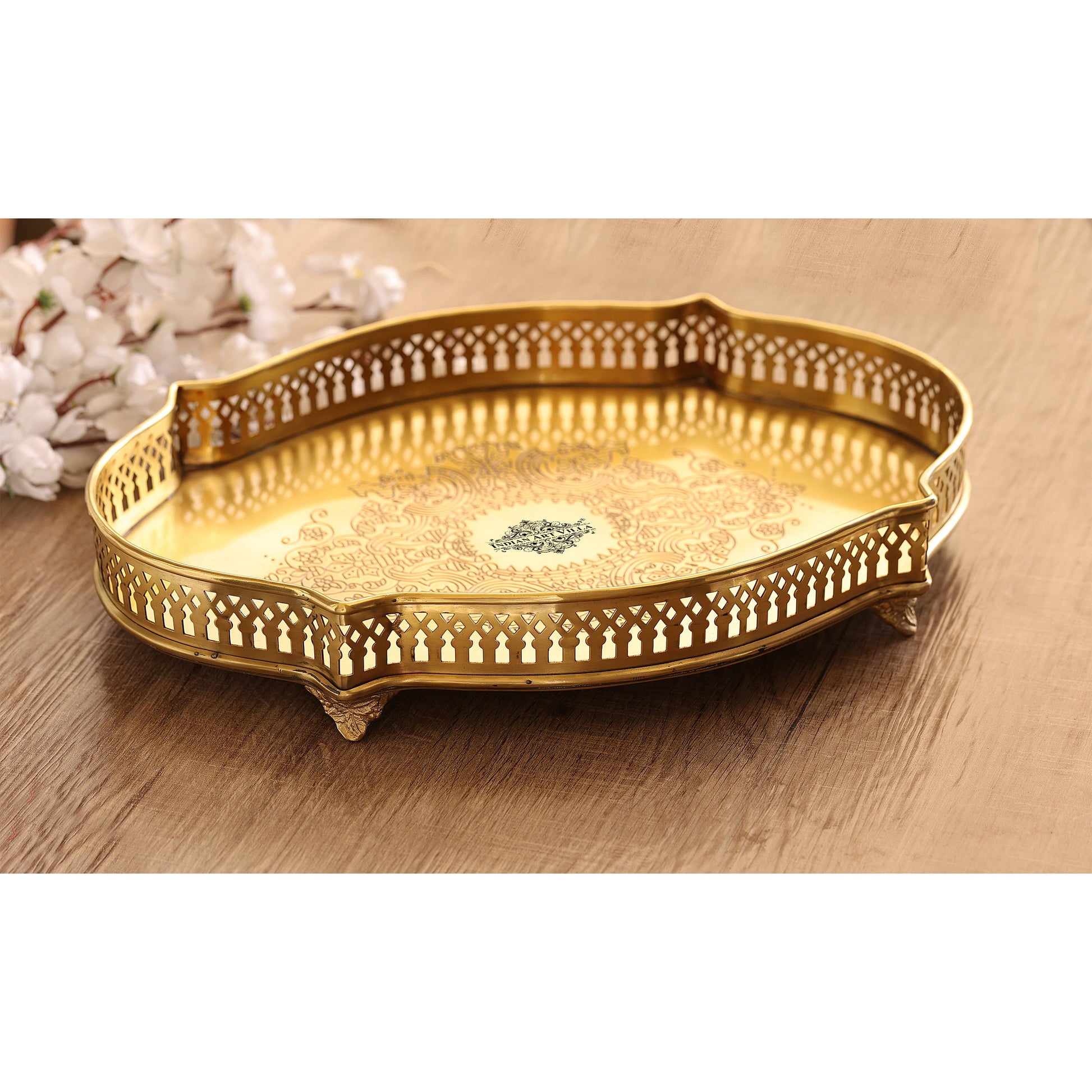 Handmade Pure Brass Matt Oval Embossed Tray, Servware, Tableware, 23 cm x 30 cm