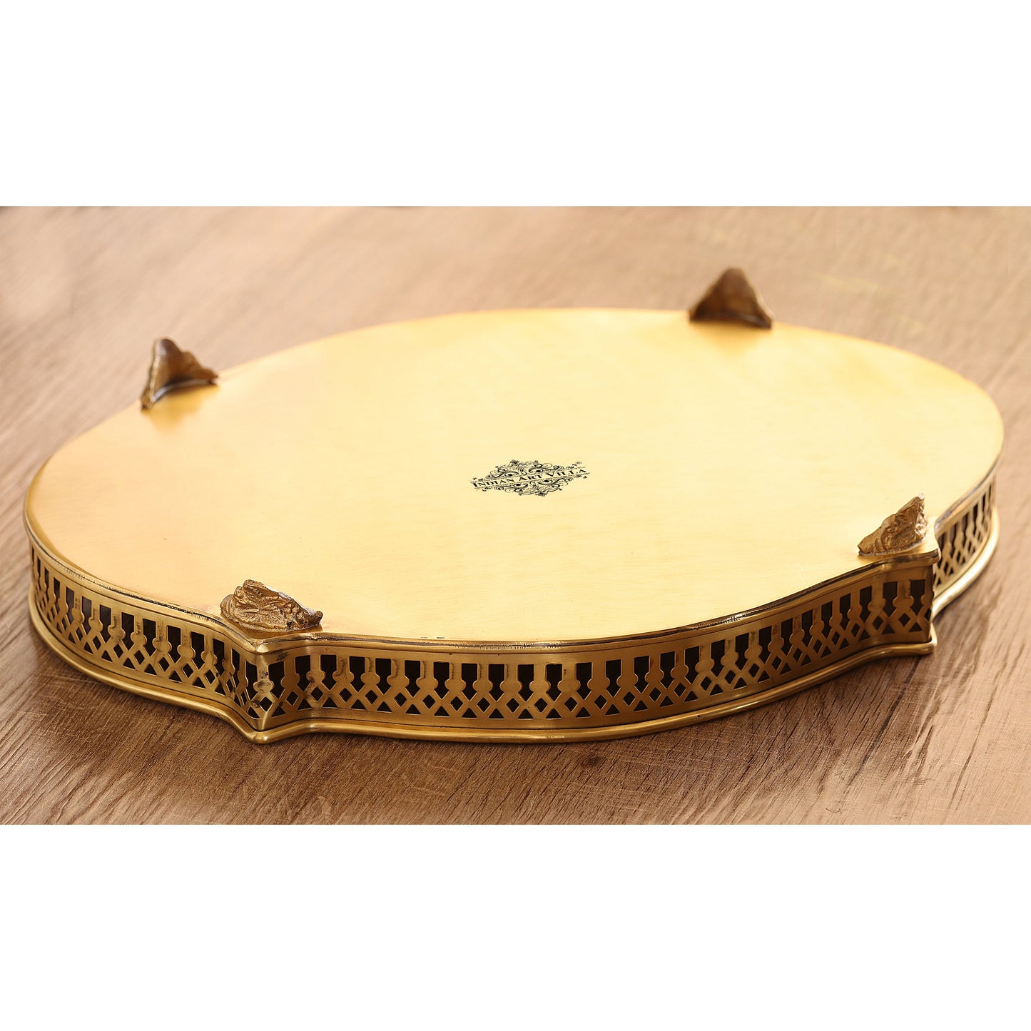 Handmade Pure Brass Matt Oval Embossed Tray, Servware, Tableware, 23 cm x 30 cm