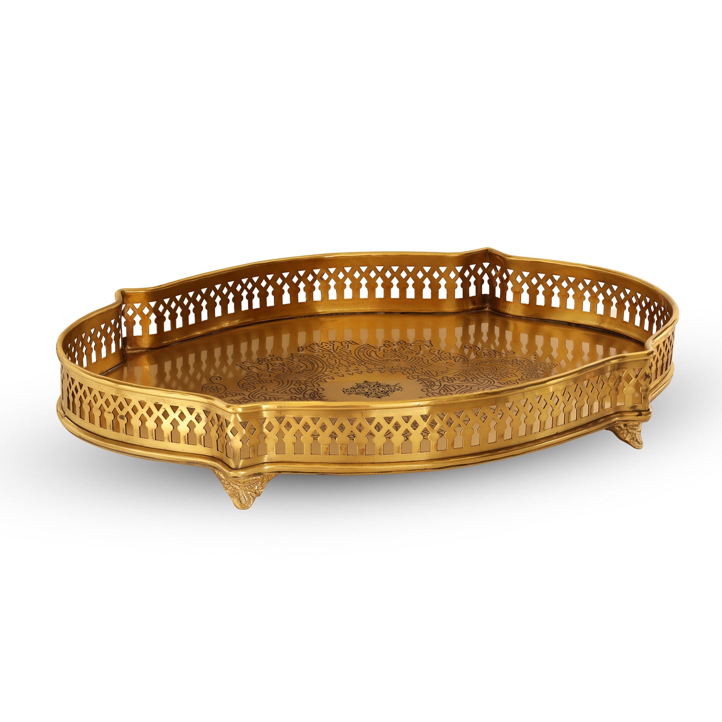 Handmade Pure Brass Matt Oval Embossed Tray, Servware, Tableware, 23 cm x 30 cm