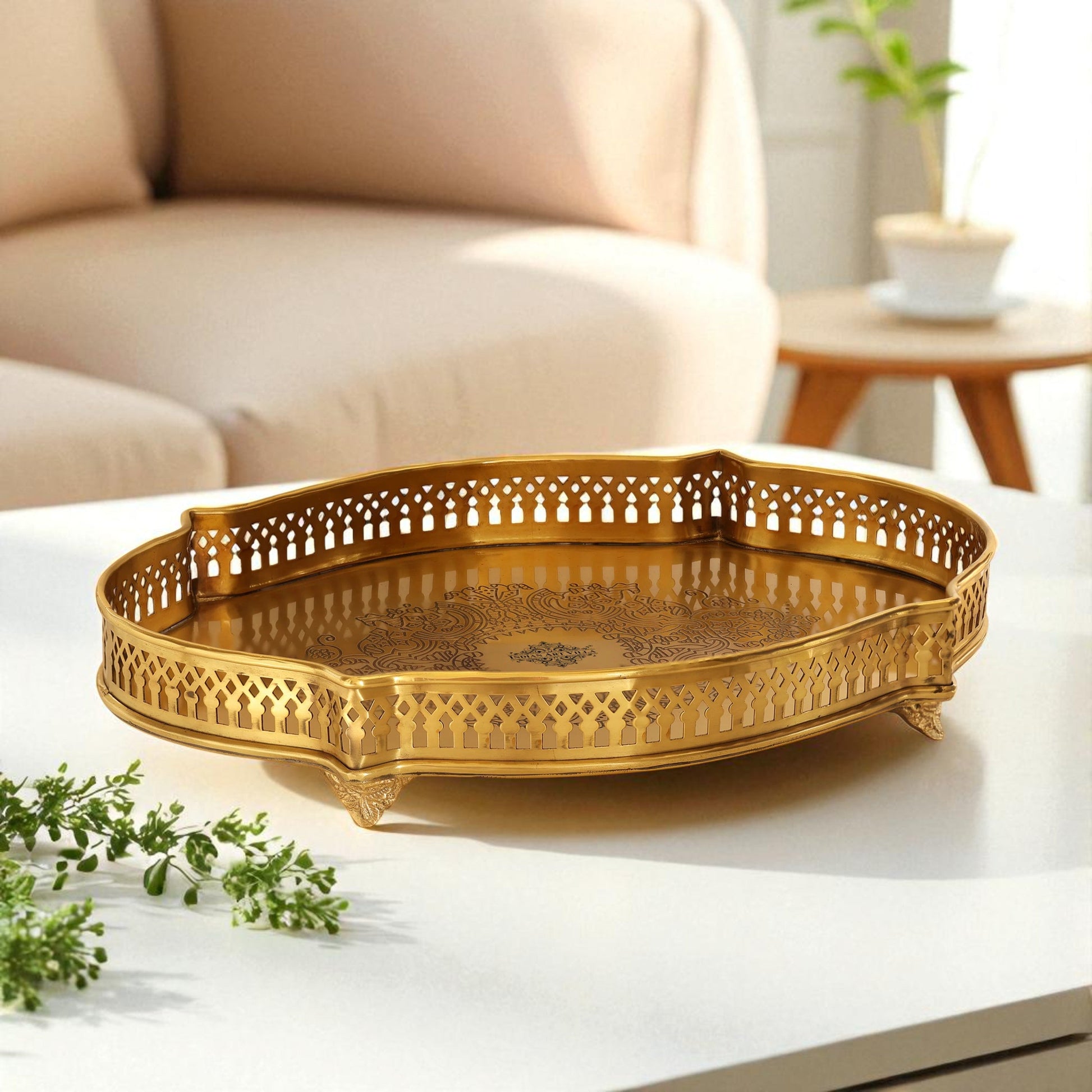 Handmade Pure Brass Matt Oval Embossed Tray, Servware, Tableware, 23 cm x 30 cm
