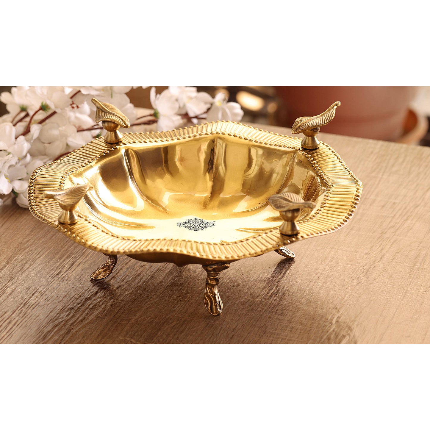 Pure Brass Designer Round Serving Tray With Leaf Design On 4 sides 12cmx34cm