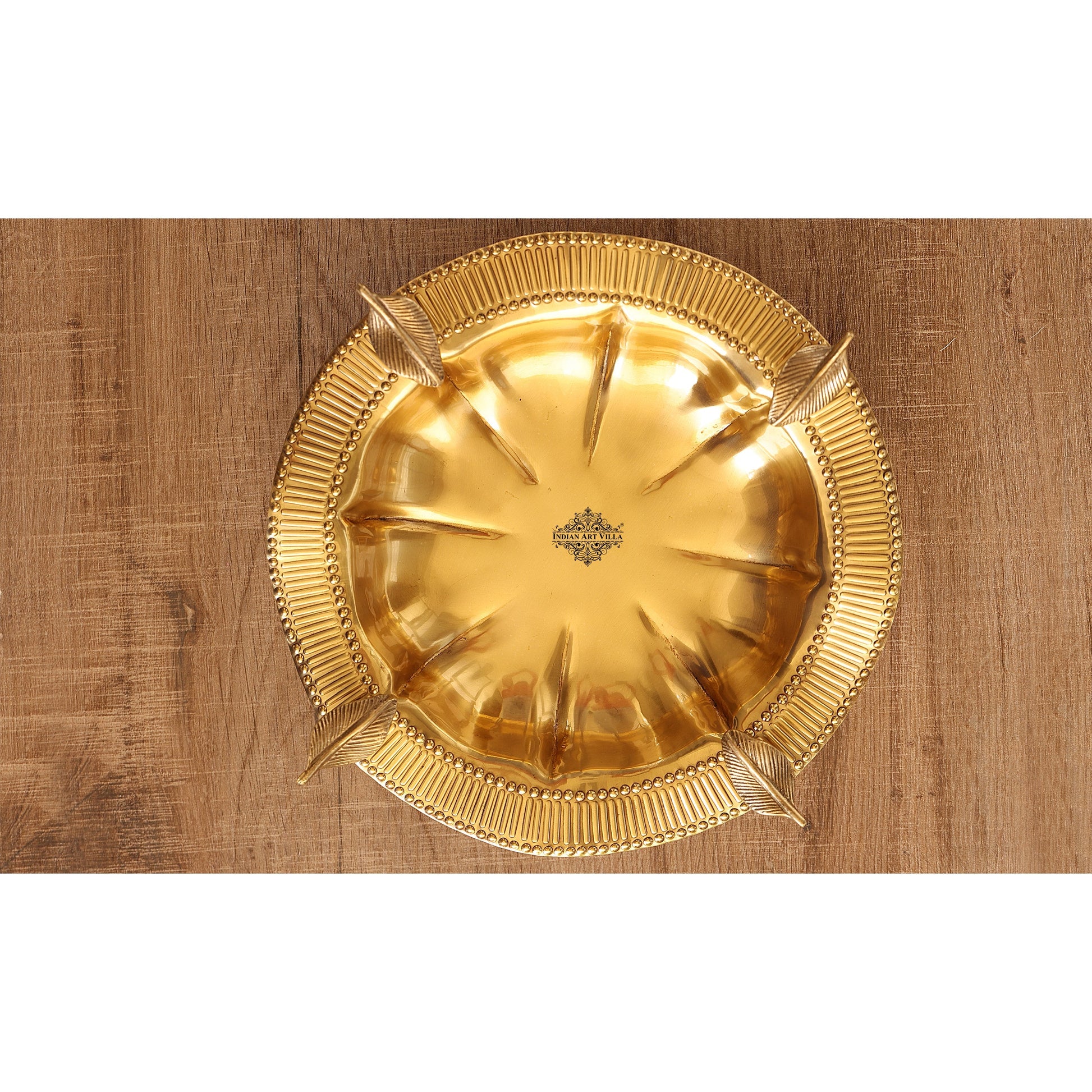Pure Brass Designer Round Serving Tray With Leaf Design On 4 sides 12cmx34cm