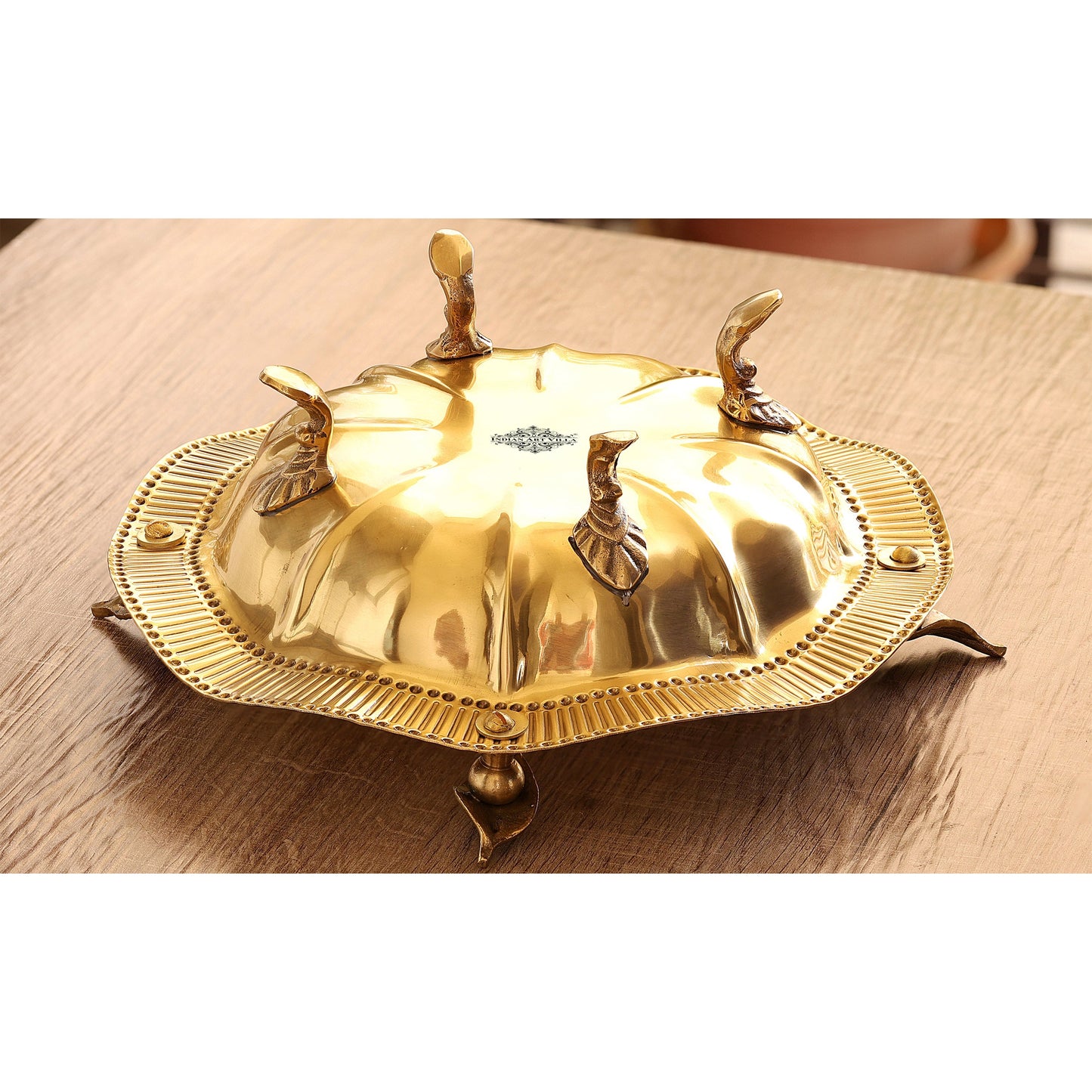 Pure Brass Designer Round Serving Tray With Leaf Design On 4 sides 12cmx34cm