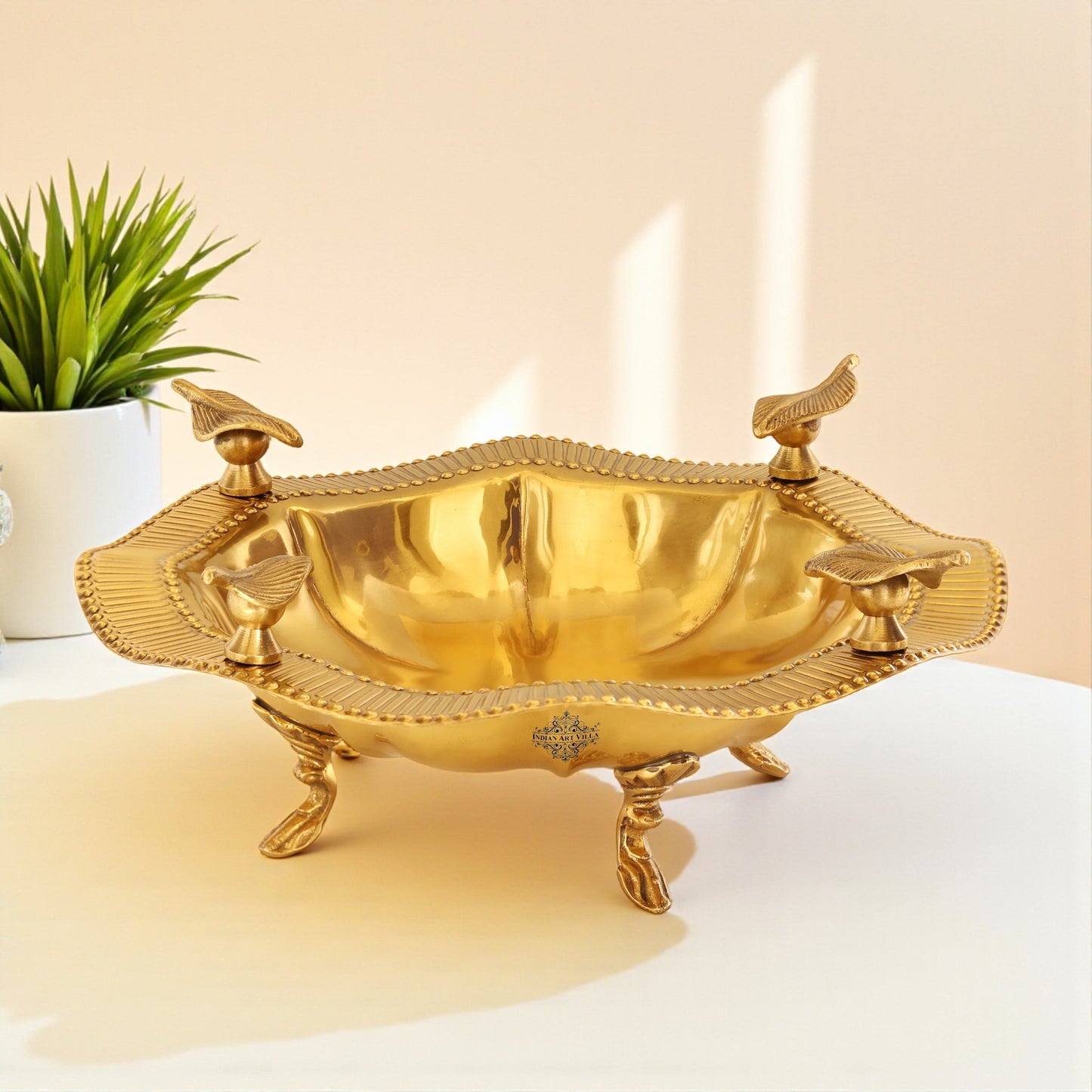 Pure Brass Designer Round Serving Tray With Leaf Design On 4 sides 12cmx34cm