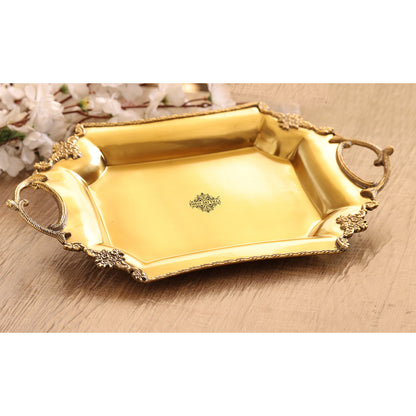 Pure Brass matt finish tray/platter with art work and handles 26.16 cmx39.88 cm
