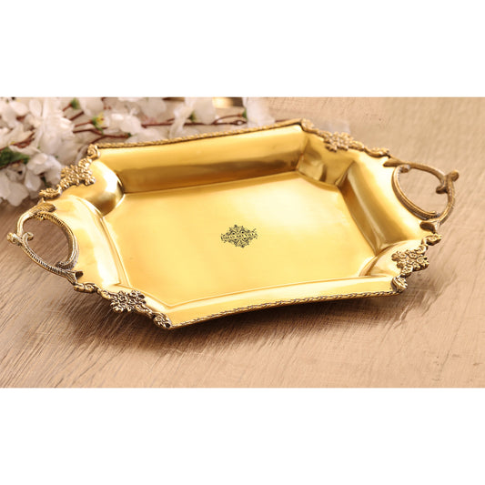 Pure Brass matt finish tray/platter with art work and handles 26.16 cmx39.88 cm