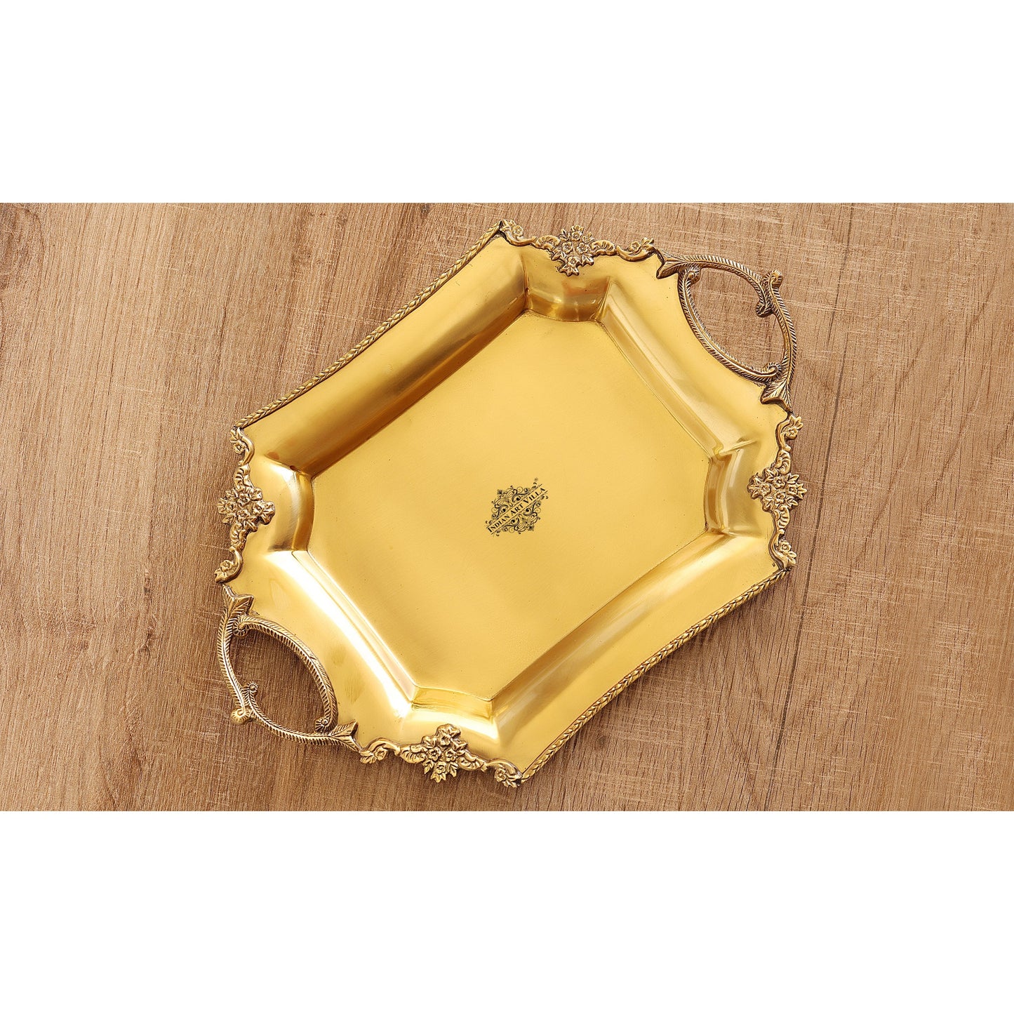 Pure Brass matt finish tray/platter with art work and handles 26.16 cmx39.88 cm