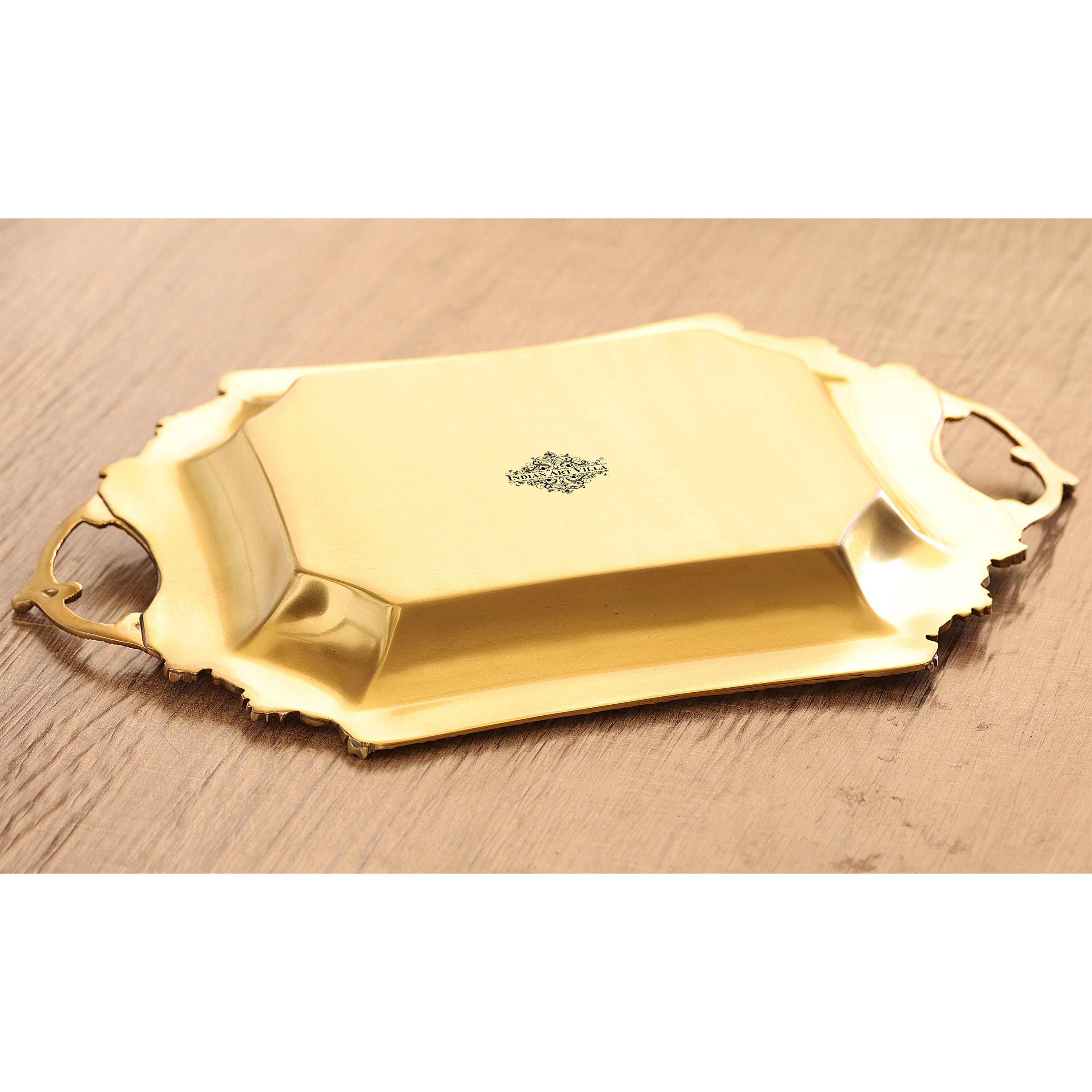 Pure Brass matt finish tray/platter with art work and handles 26.16 cmx39.88 cm