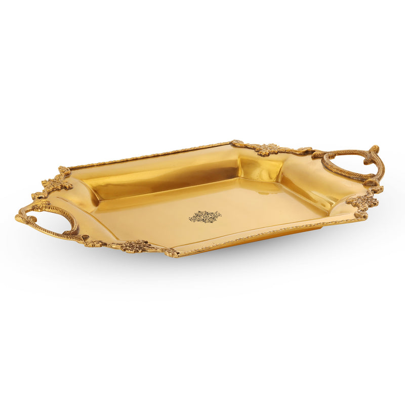 Pure Brass matt finish tray/platter with art work and handles 26.16 cmx39.88 cm