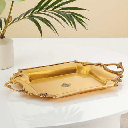 Pure Brass matt finish tray/platter with art work and handles 26.16 cmx39.88 cm