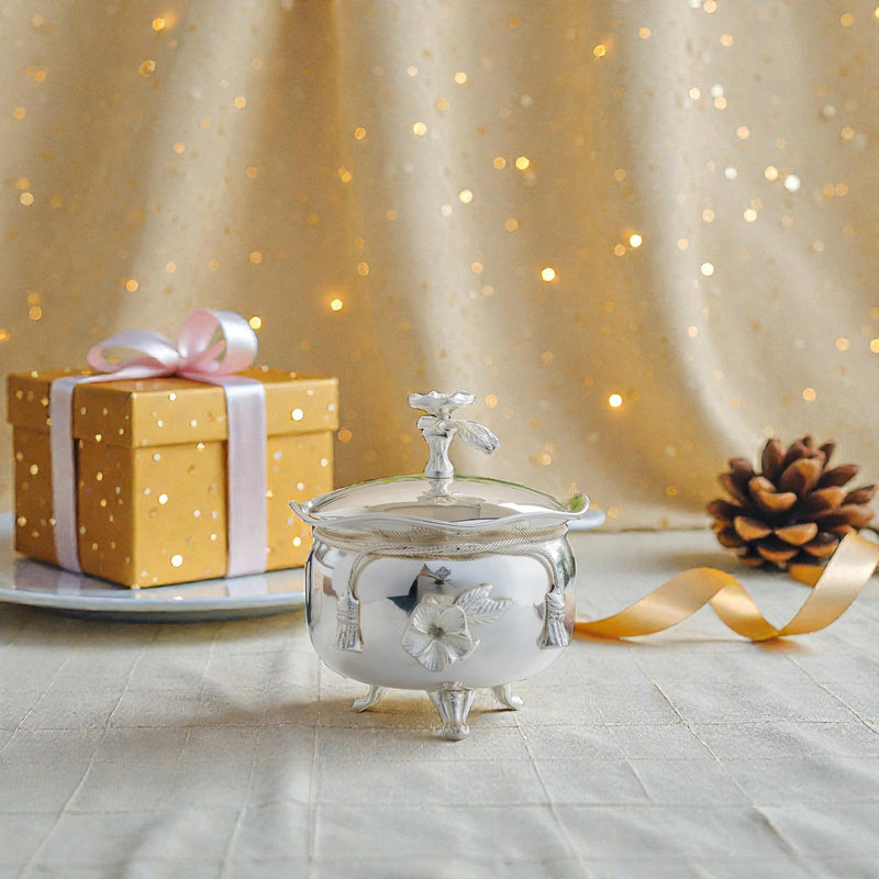 Silver Plated Designer Handi with Ribbon Bow Design With Desiner Lid