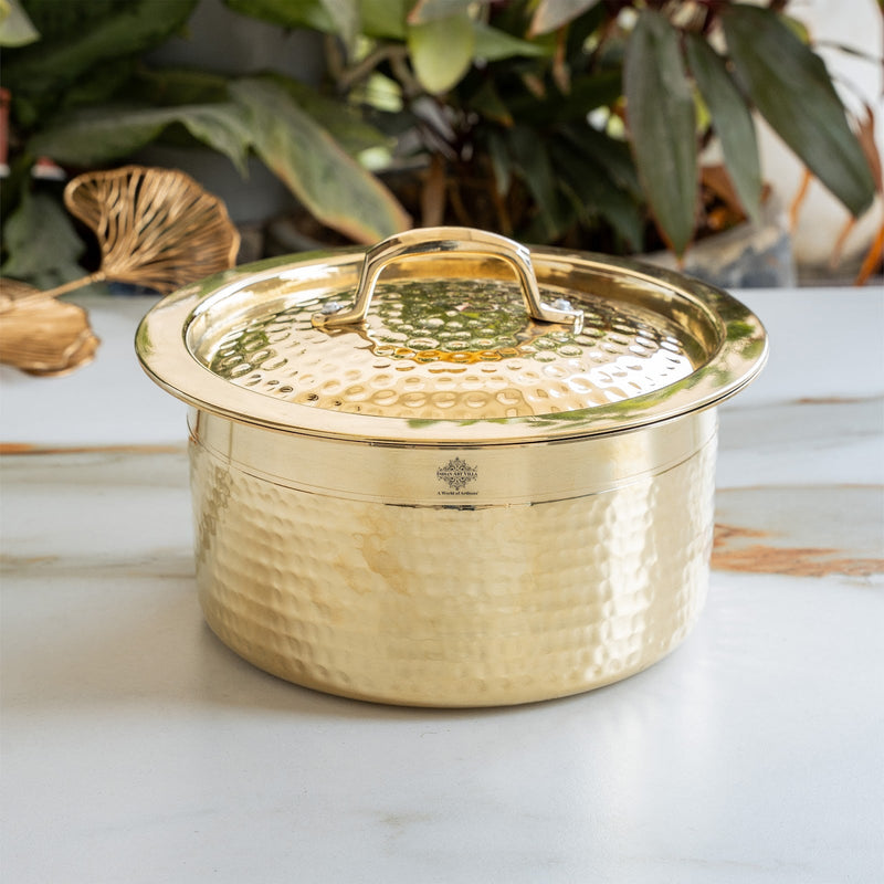 Pure Brass Hammered Design Bhagona with inside Tin Lining & Lid