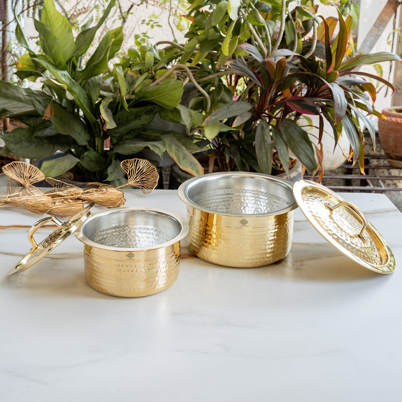 Pure Brass Hammered Design Bhagona with inside Tin Lining & Lid