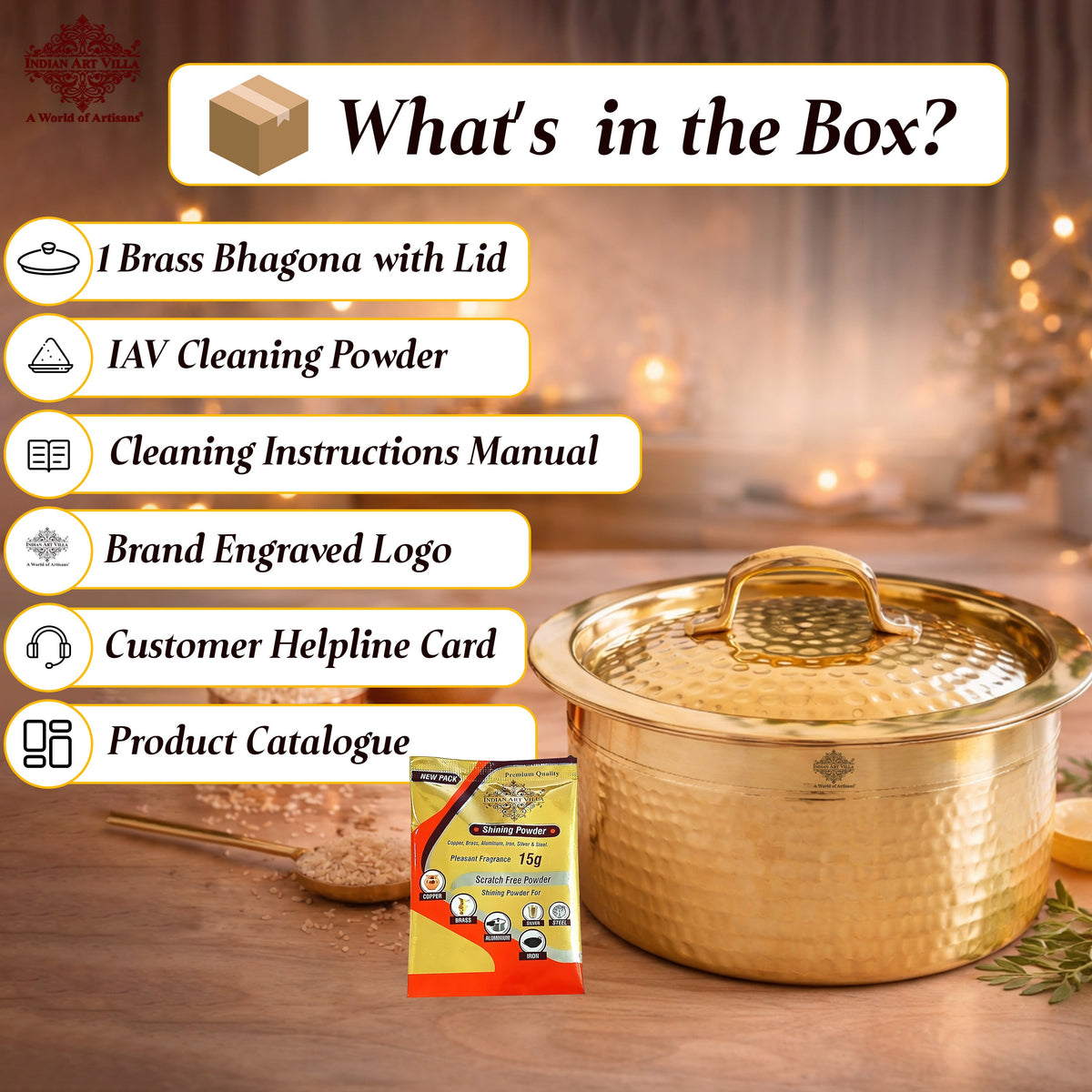 Pure Brass Hammered Design Bhagona with inside Tin Lining & Lid