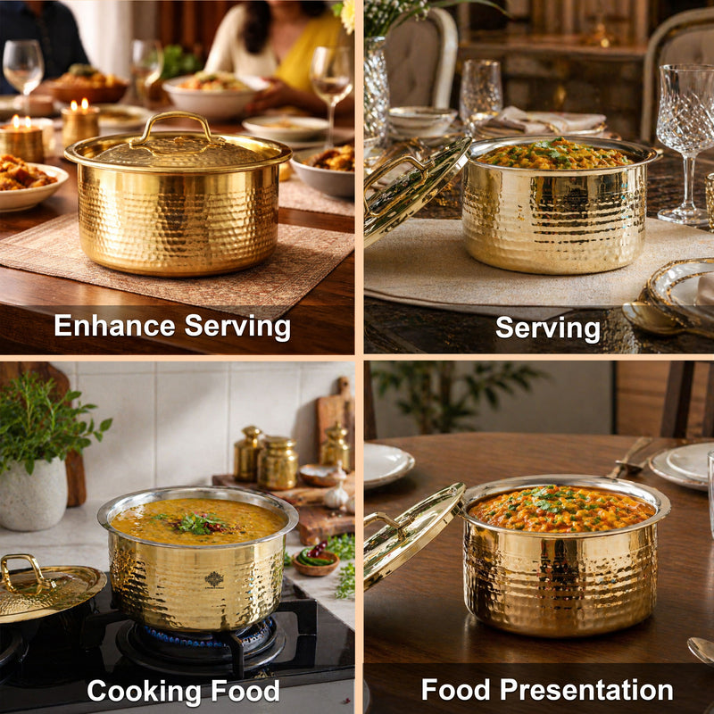 Pure Brass Hammered Design Bhagona with inside Tin Lining & Lid