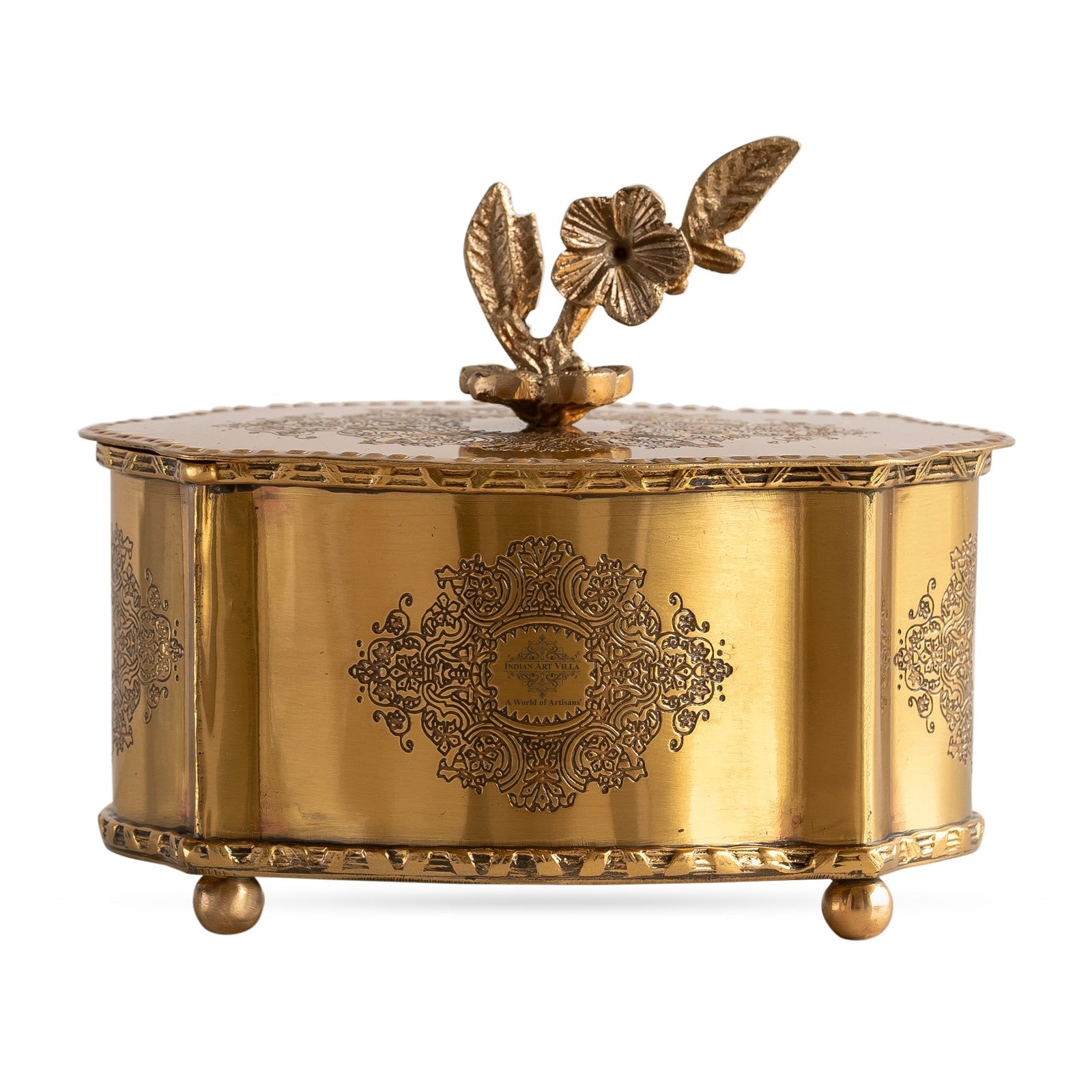 Royal Brass Dry Fruit Box with Floral Lid – Handcrafted Elegance |  Brass Decorative Box