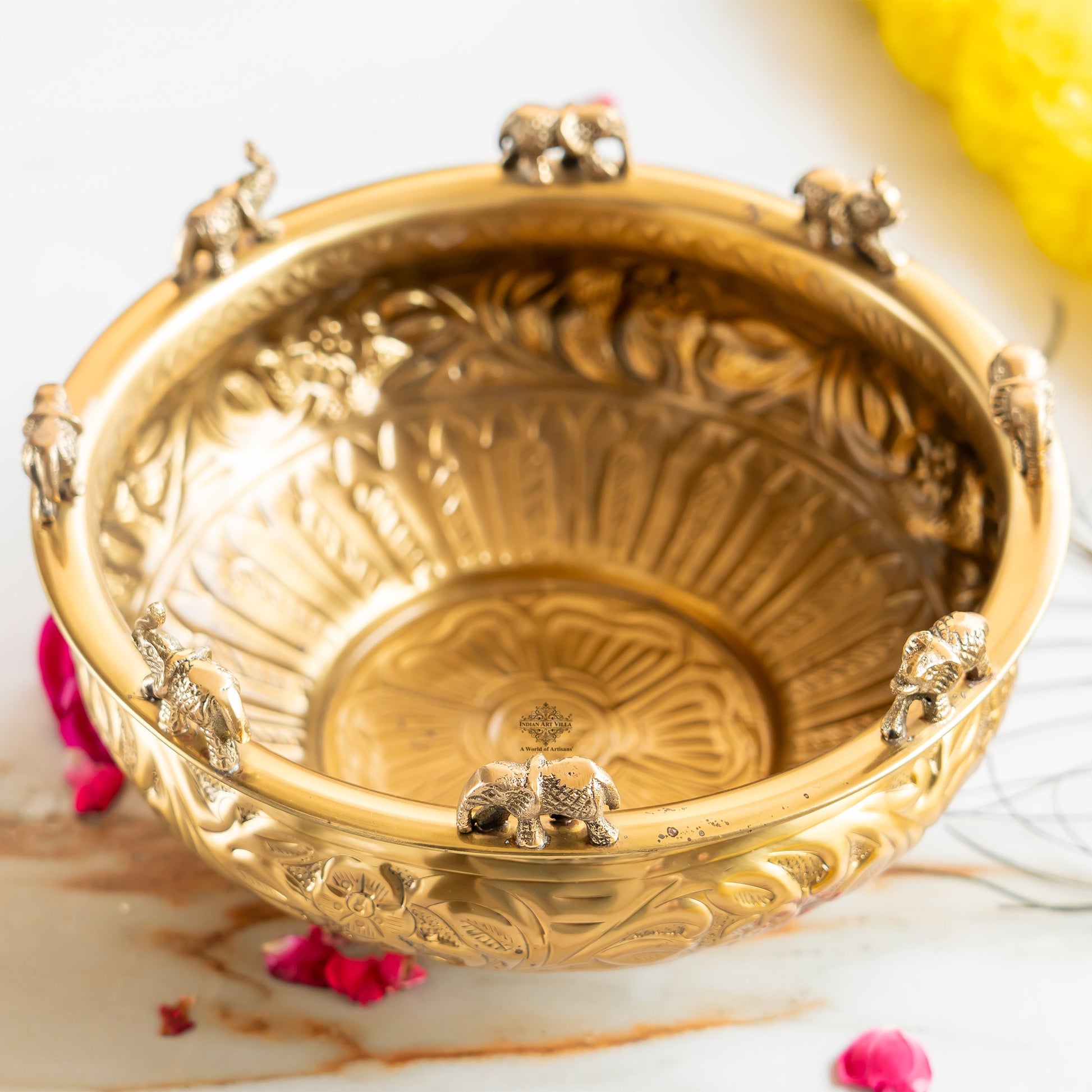 Pure Brass Embossed Design Urli with Elephant Statue