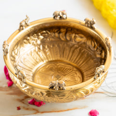 Pure Brass Embossed Design Urli with Elephant Statue