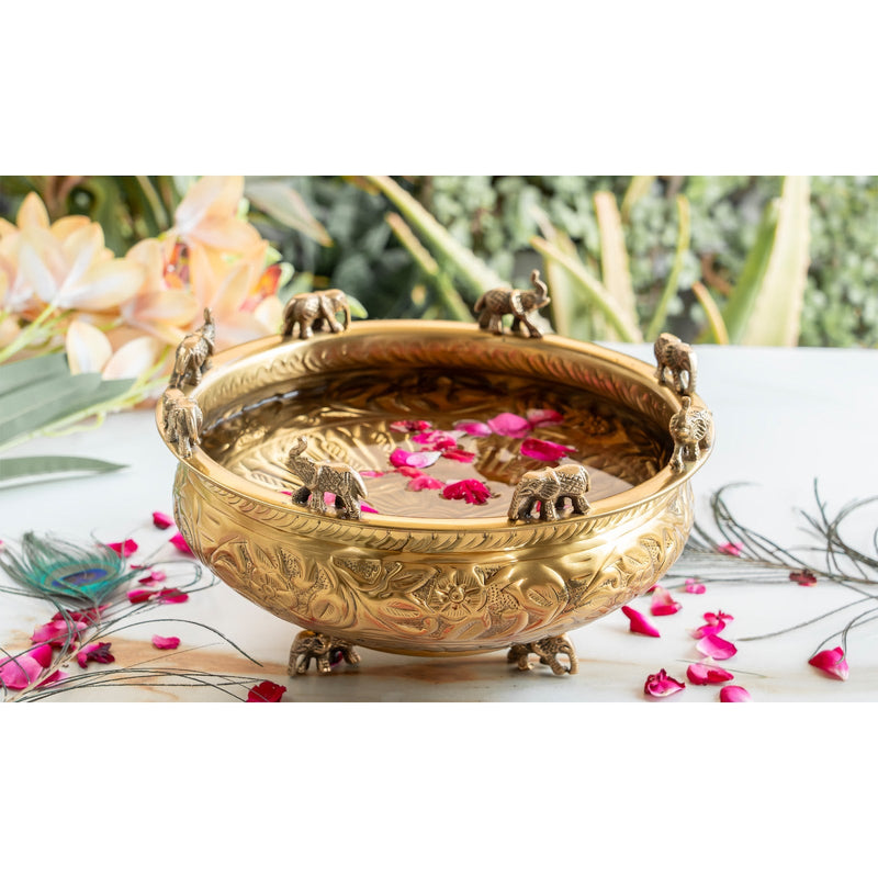 Pure Brass Embossed Design Urli with Elephant Statue