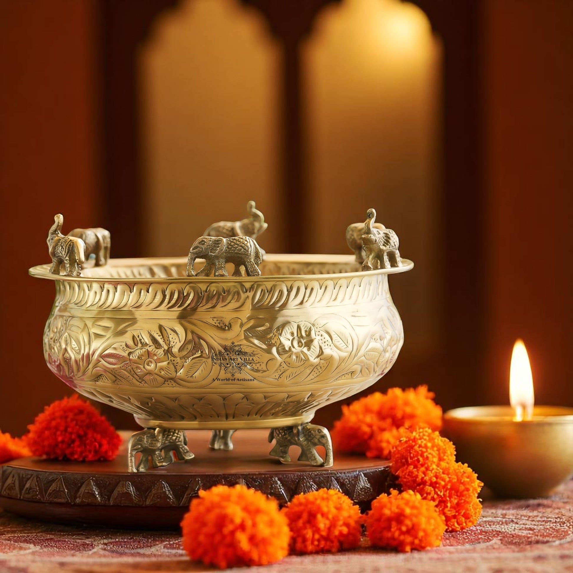 Pure Brass Embossed Design Urli with Elephant Statue