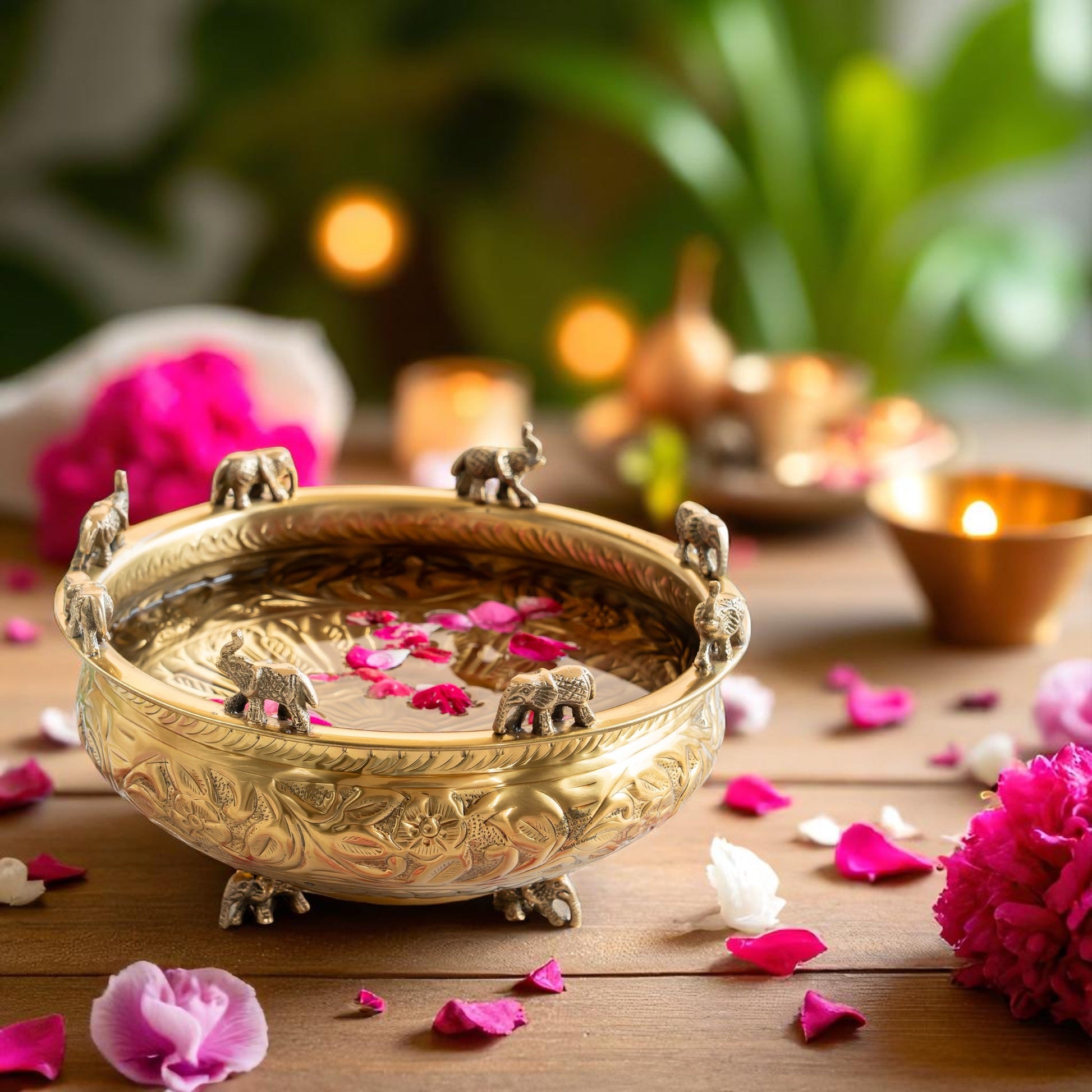 Pure Brass Embossed Design Urli with Elephant Statue