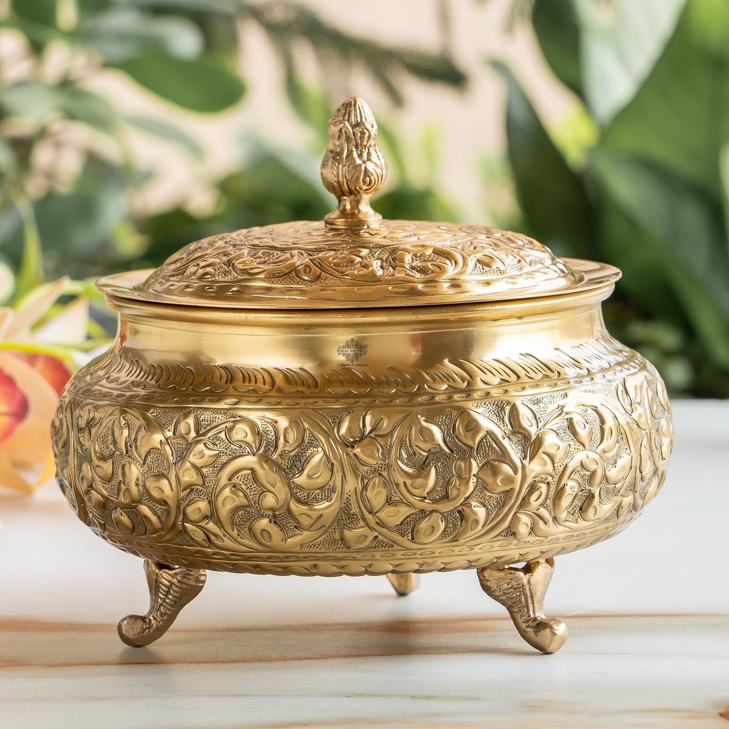 Pure Brass Decorative Handi With Embossed  Design And Lid