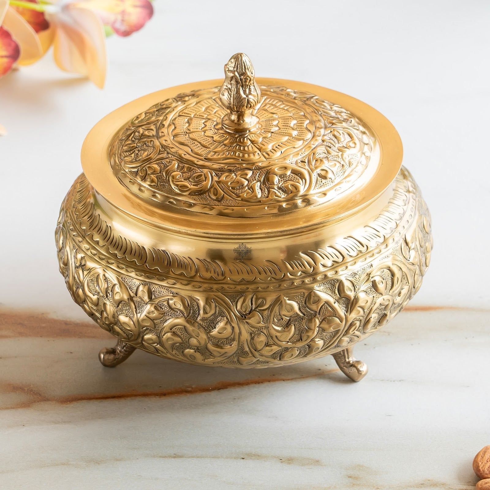 Pure Brass Decorative Handi With Embossed  Design And Lid