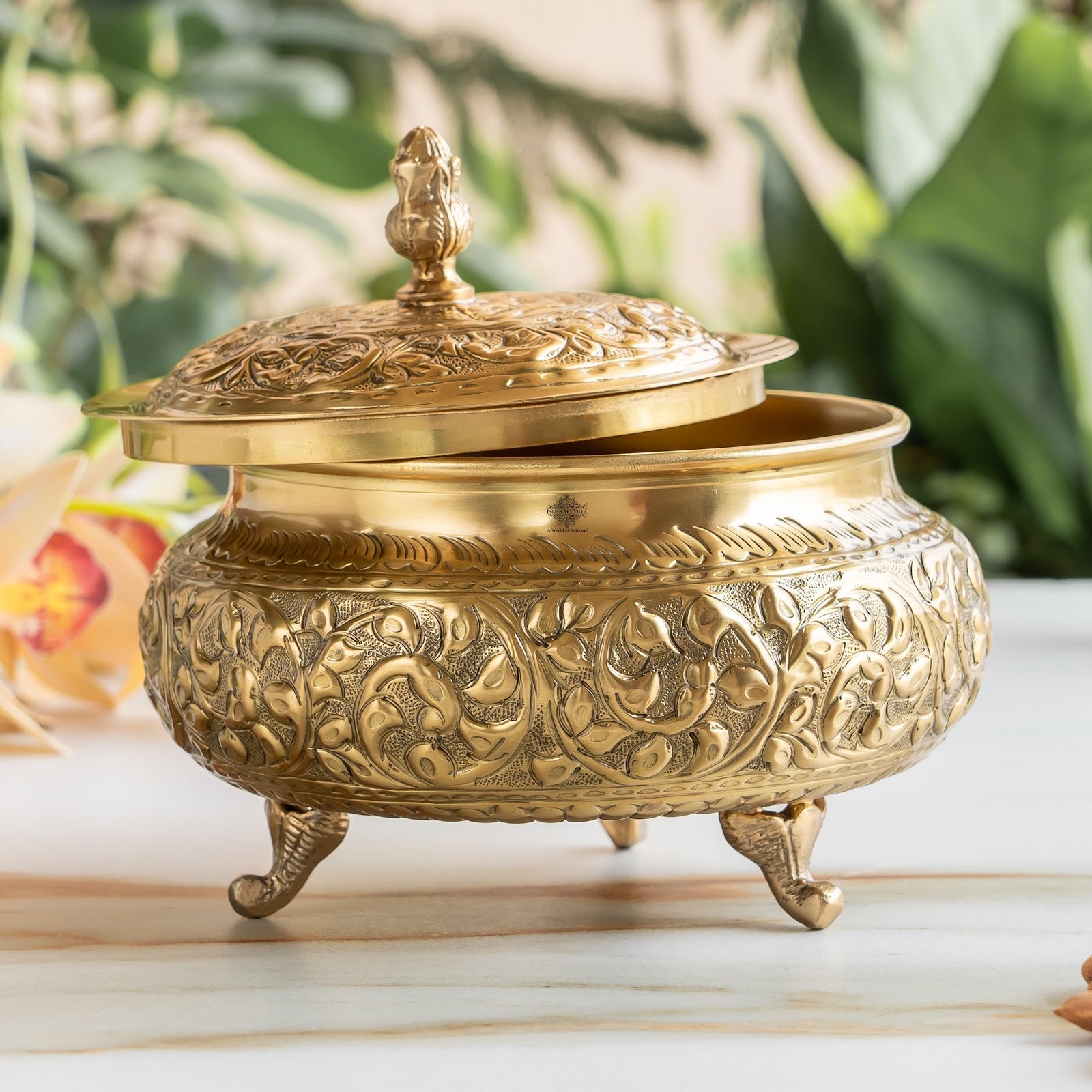Pure Brass Decorative Handi With Embossed  Design And Lid