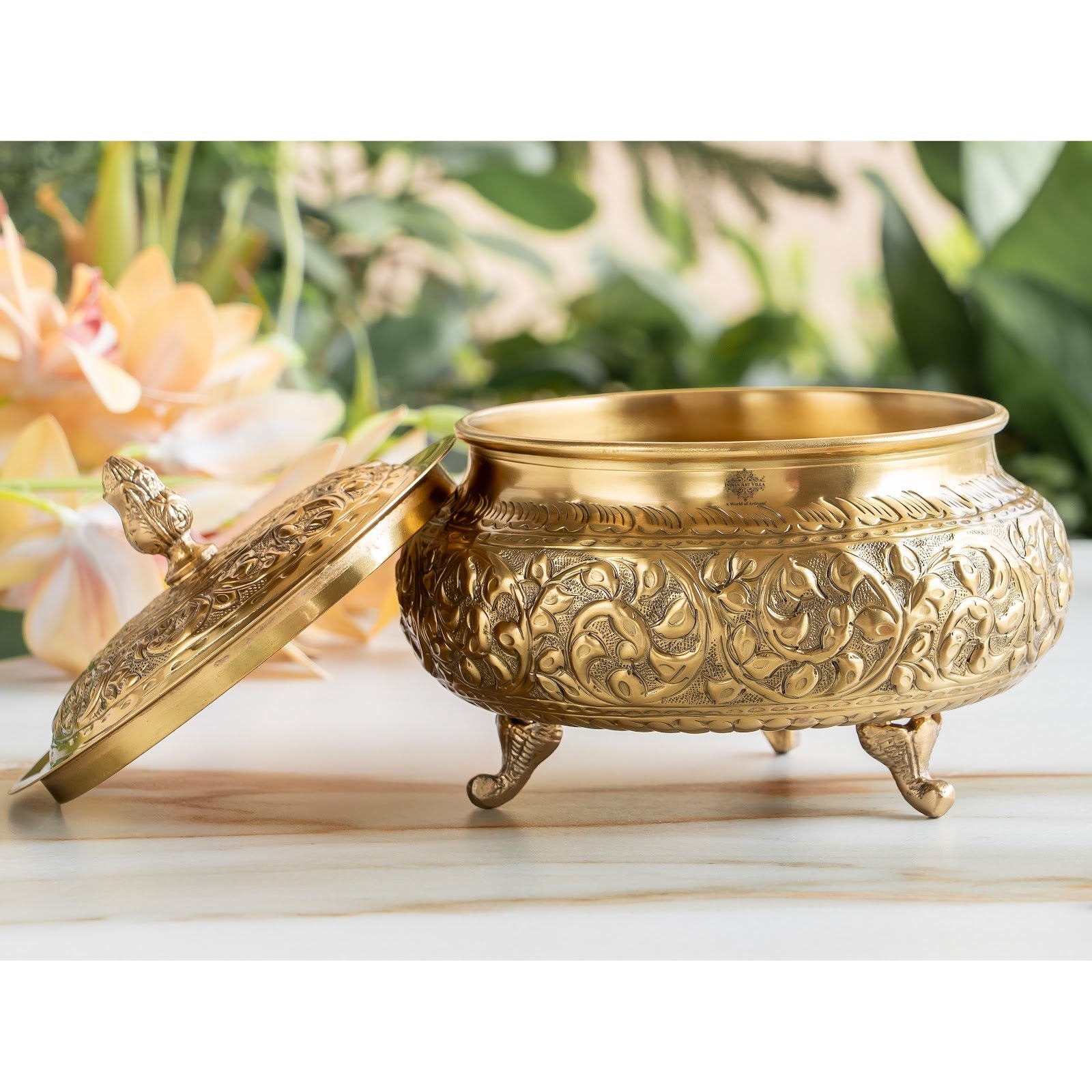 Pure Brass Decorative Handi With Embossed  Design And Lid
