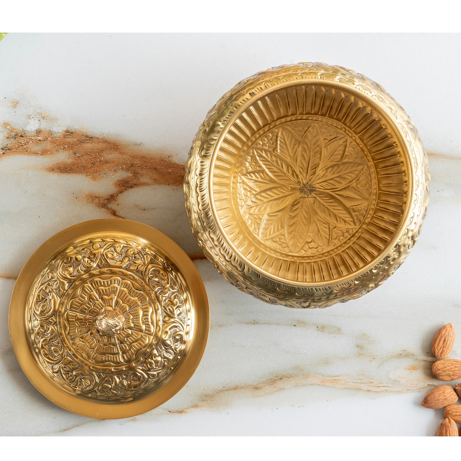 Pure Brass Decorative Handi With Embossed  Design And Lid