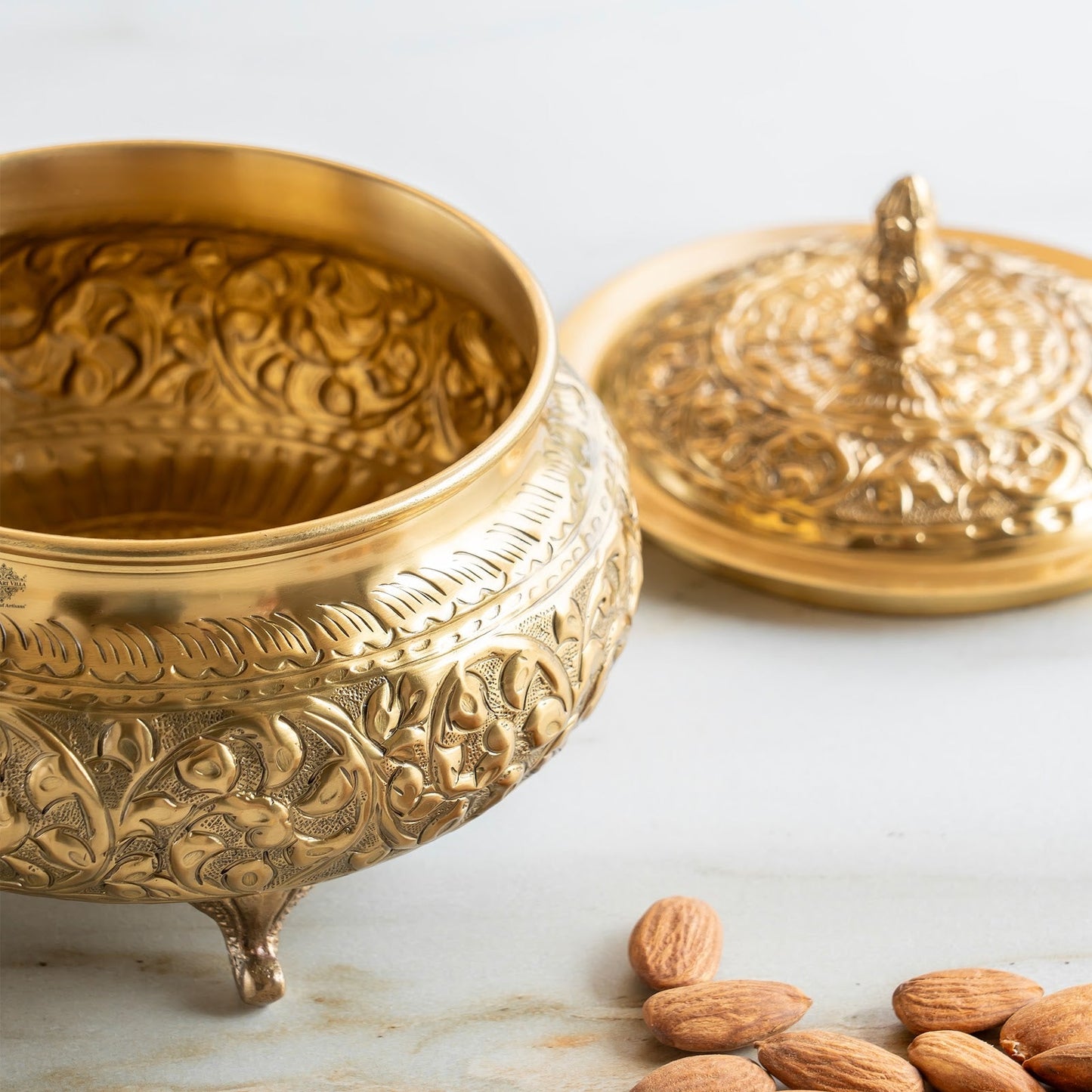 Pure Brass Decorative Handi With Embossed  Design And Lid