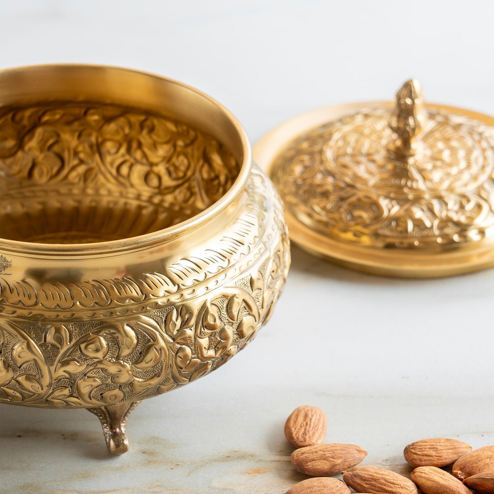 Pure Brass Decorative Handi With Embossed  Design And Lid