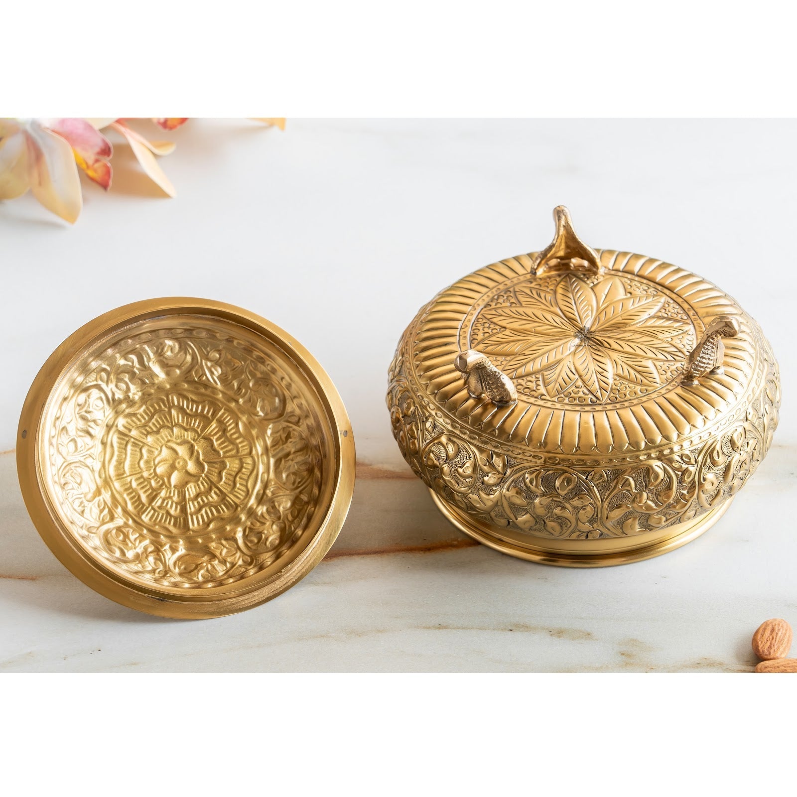 Pure Brass Decorative Handi With Embossed  Design And Lid