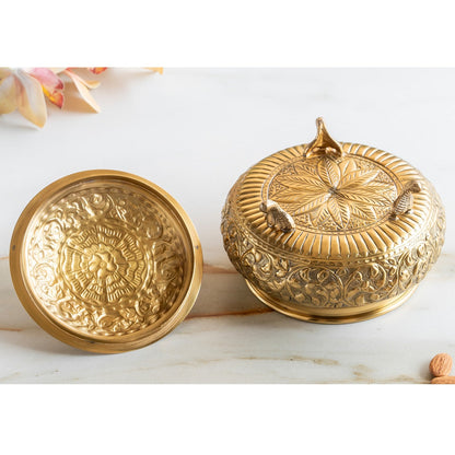 Pure Brass Decorative Handi With Embossed  Design And Lid
