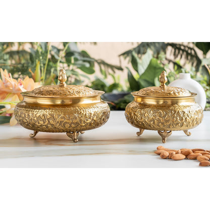 Pure Brass Decorative Handi With Embossed  Design And Lid