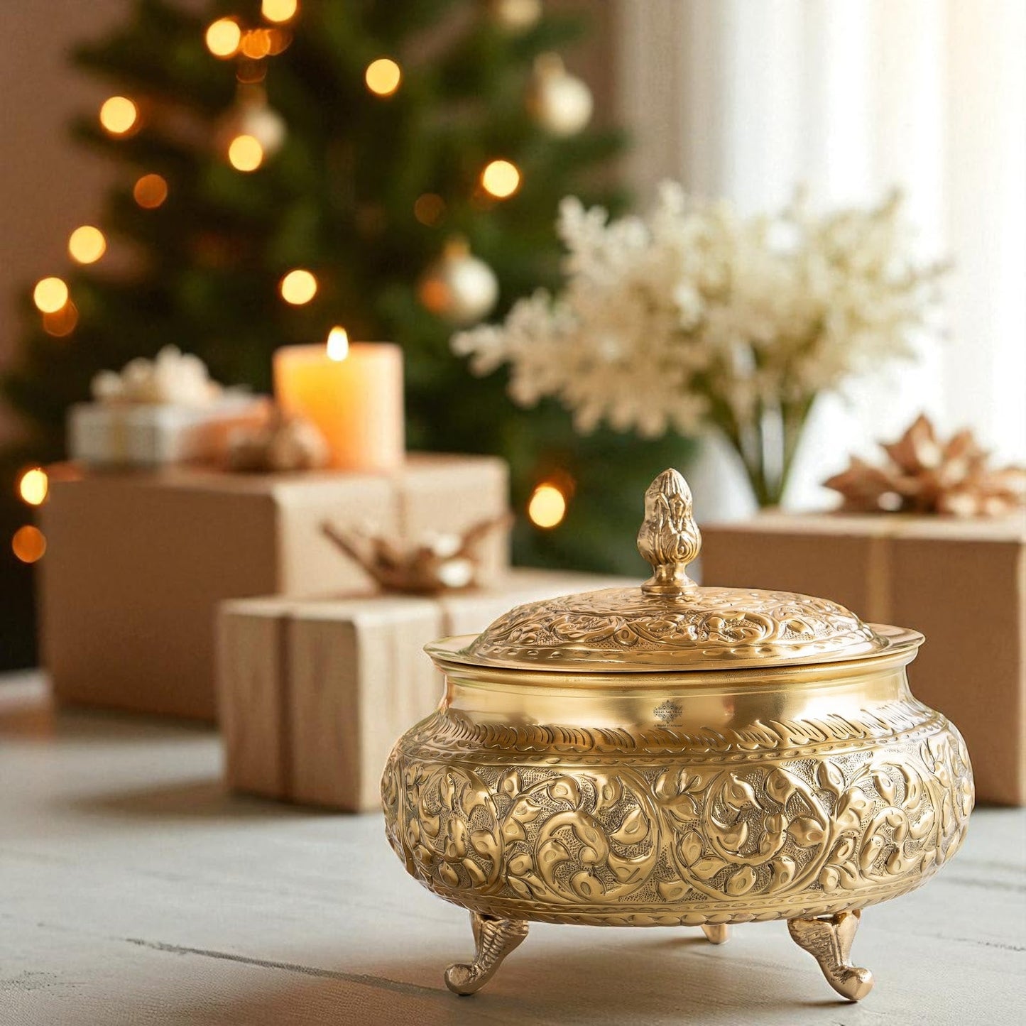 Pure Brass Decorative Handi With Embossed  Design And Lid