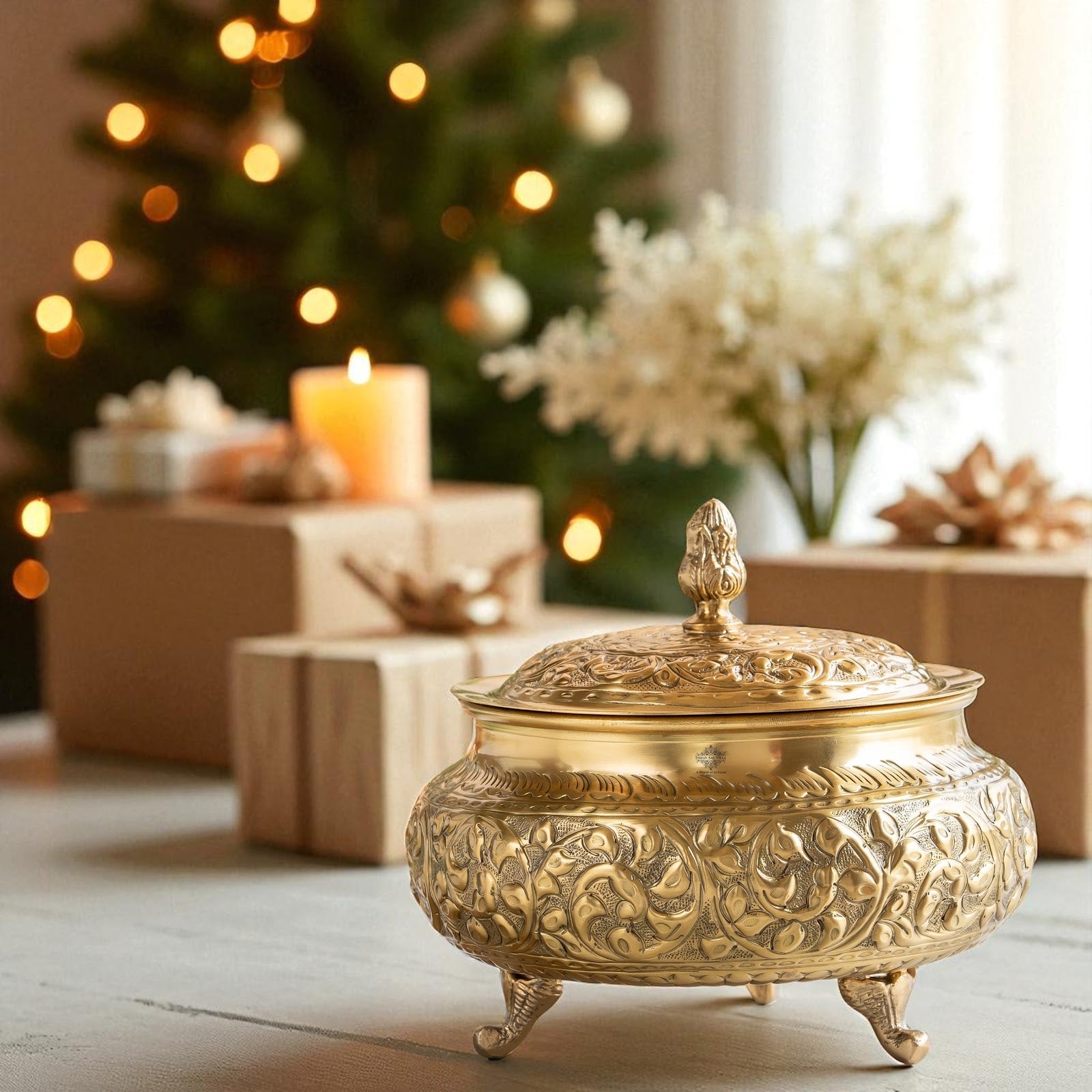 Pure Brass Decorative Handi With Embossed  Design And Lid