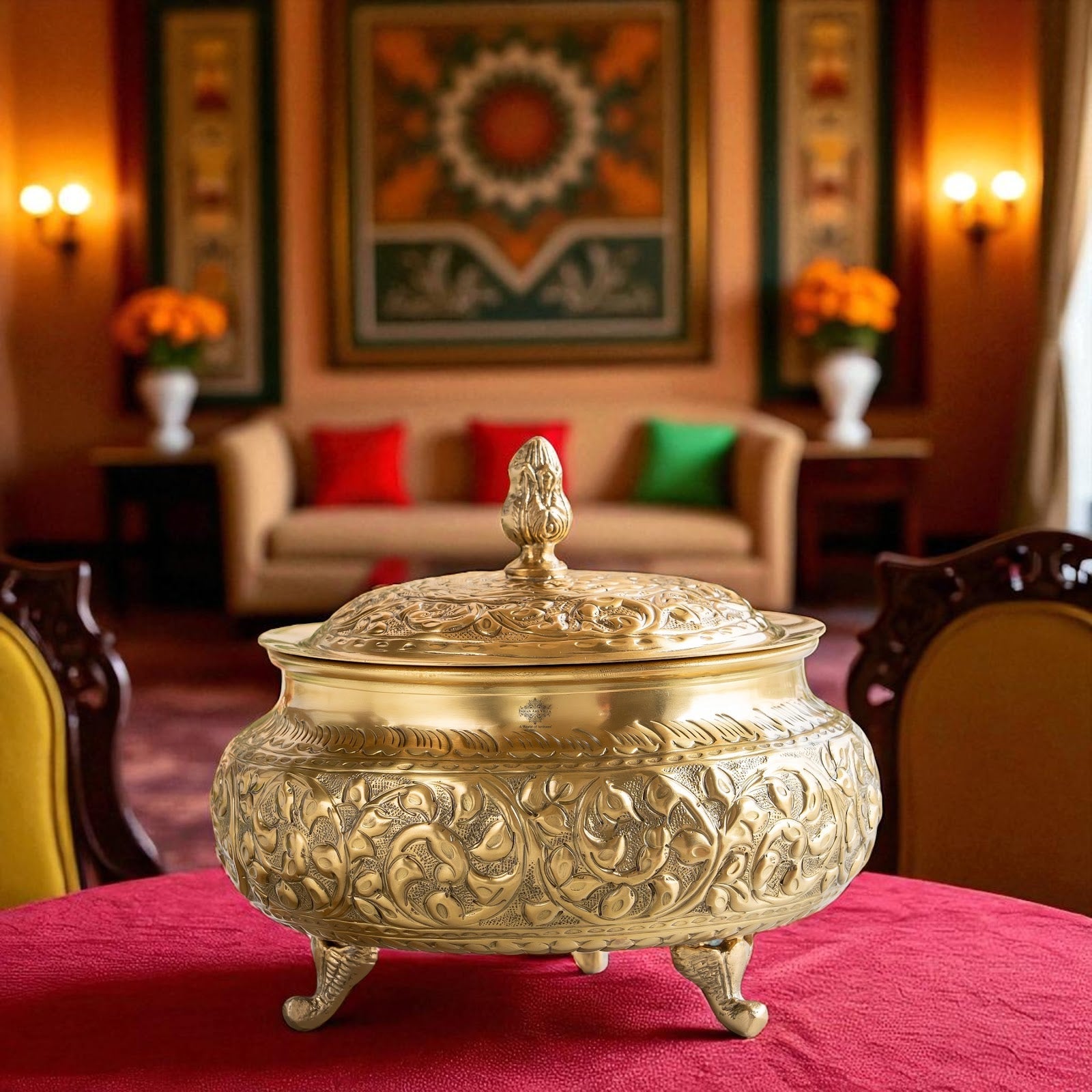 Pure Brass Decorative Handi With Embossed  Design And Lid