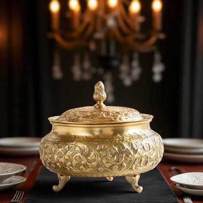 Pure Brass Decorative Handi With Embossed  Design And Lid